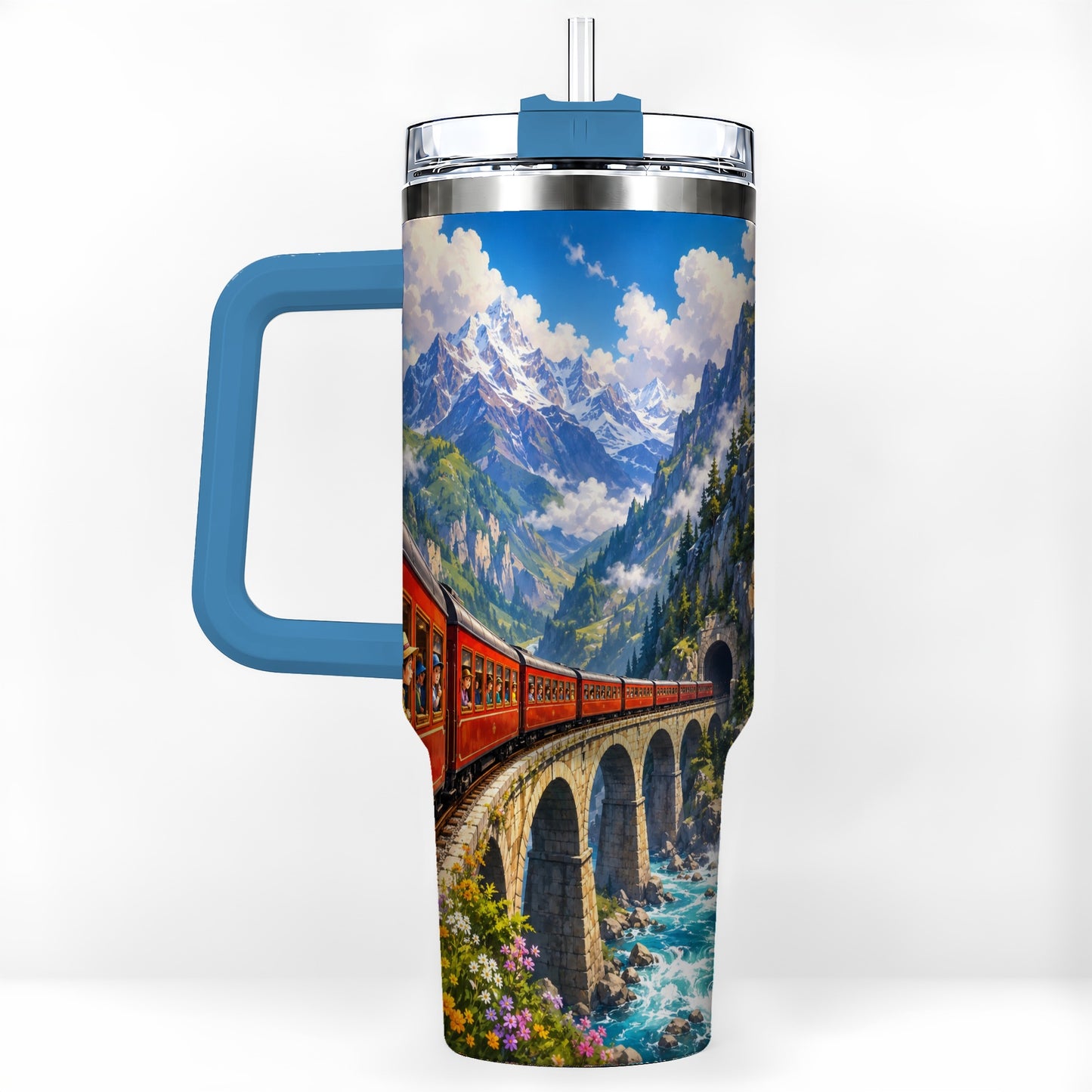 #pl[40oz|Blue] Mountain Train 40oz Tumbler with Handle, Alpine Railway Adventure