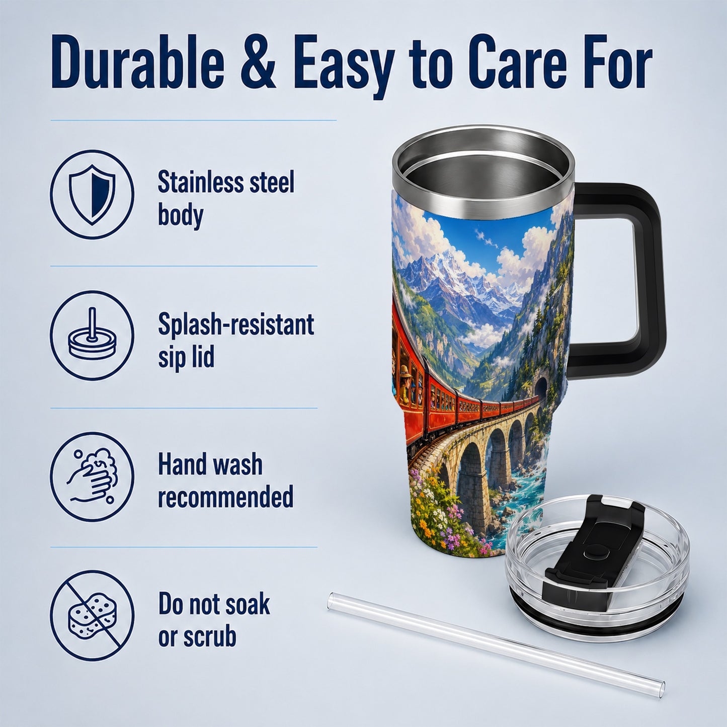 #pl[40oz|Black] Mountain Train 40oz Tumbler with Handle, Alpine Railway Adventure