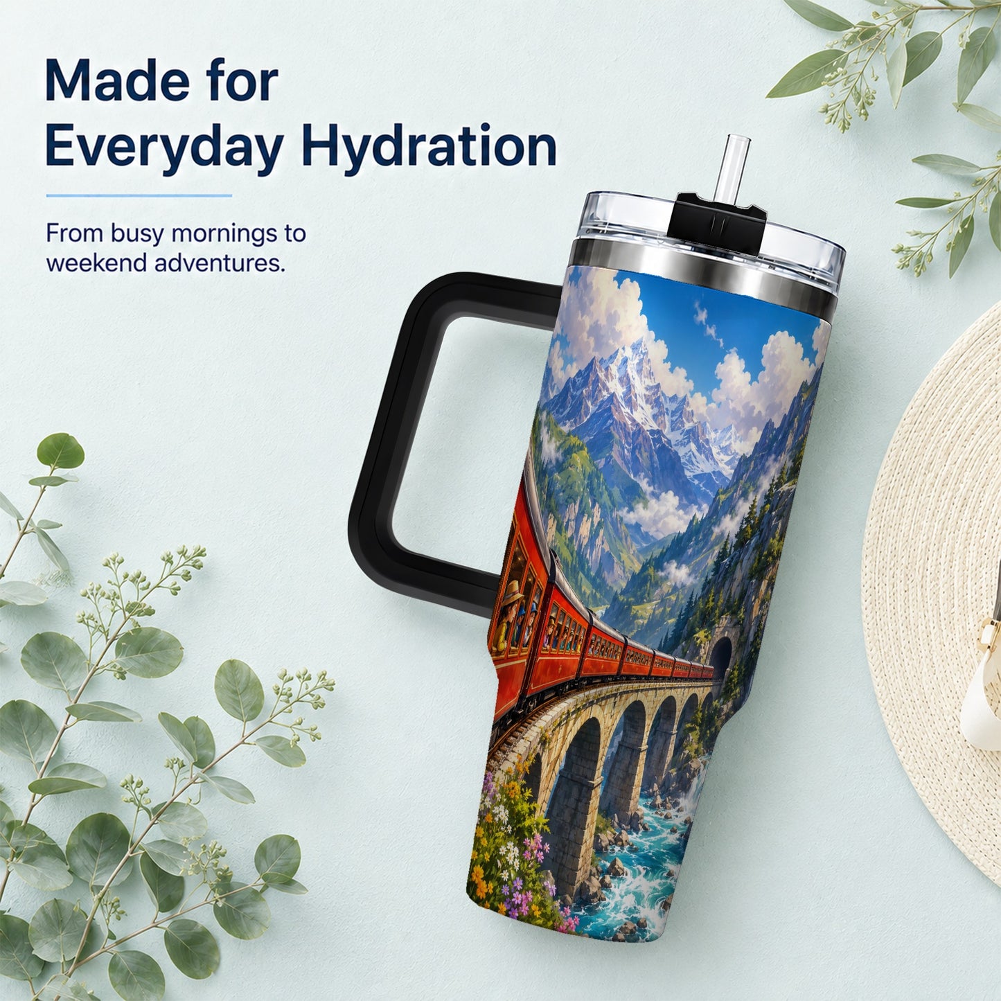 #pl[40oz|Black] Mountain Train 40oz Tumbler with Handle, Alpine Railway Adventure