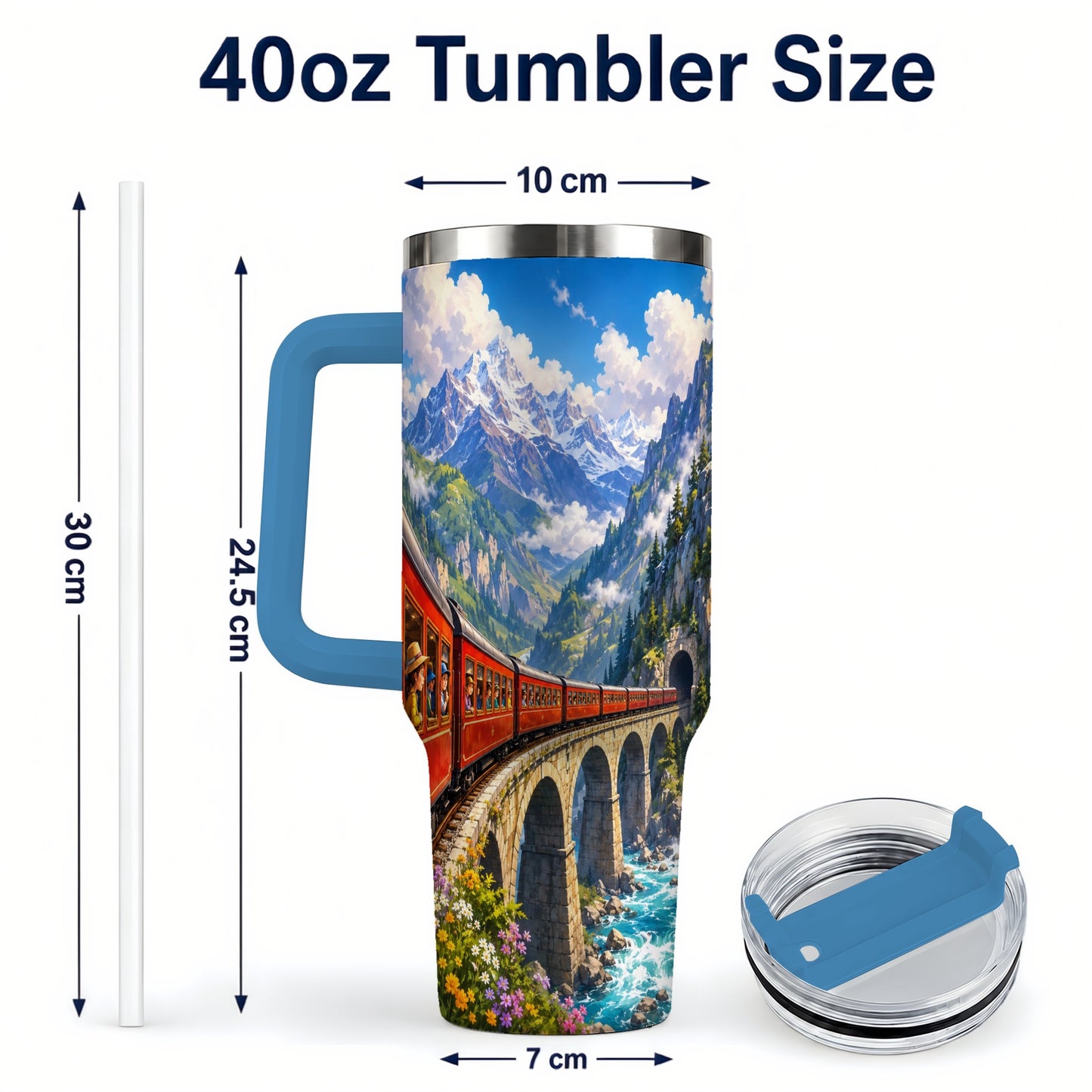 #pl[40oz|Blue] Mountain Train 40oz Tumbler with Handle, Alpine Railway Adventure