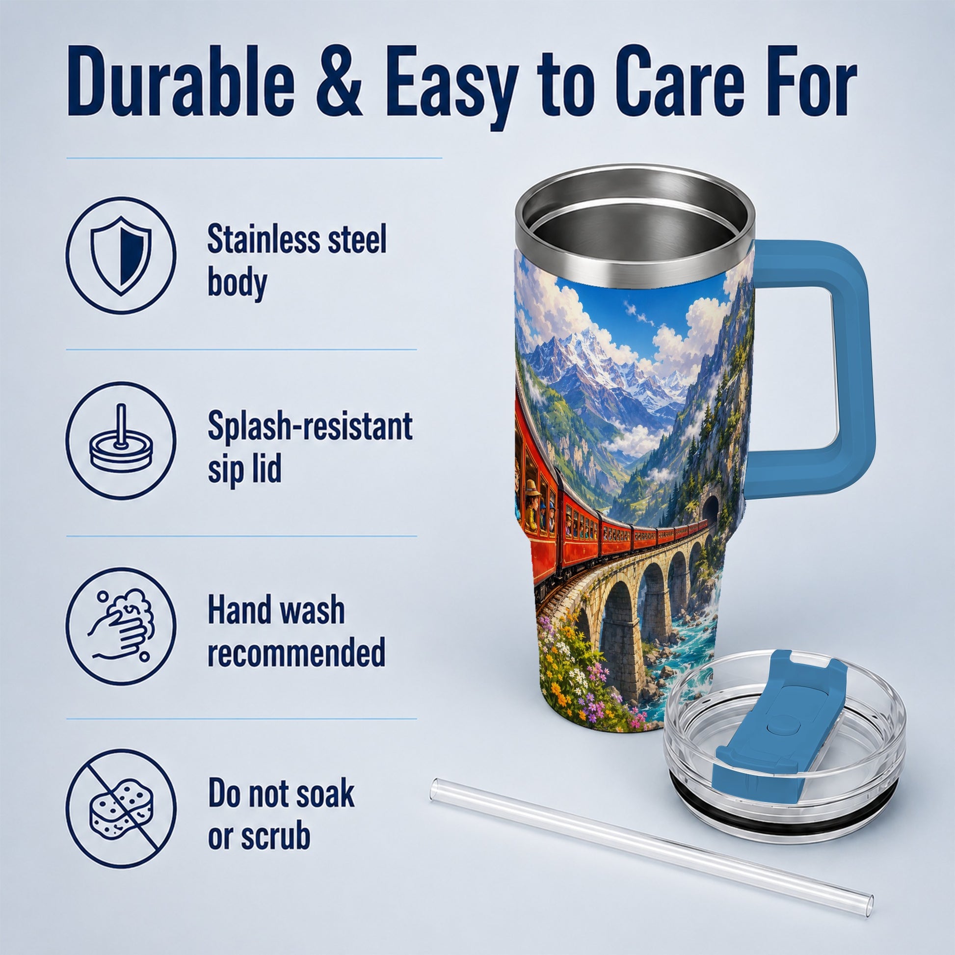 #pl[40oz|Blue] Mountain Train 40oz Tumbler with Handle, Alpine Railway Adventure
