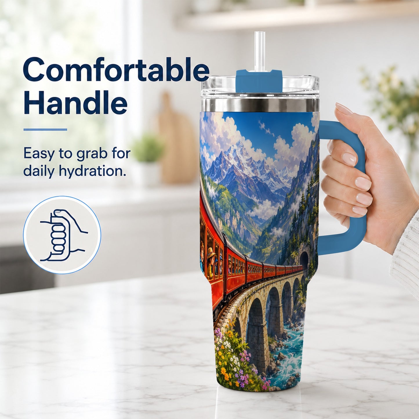 #pl[40oz|Blue] Mountain Train 40oz Tumbler with Handle, Alpine Railway Adventure