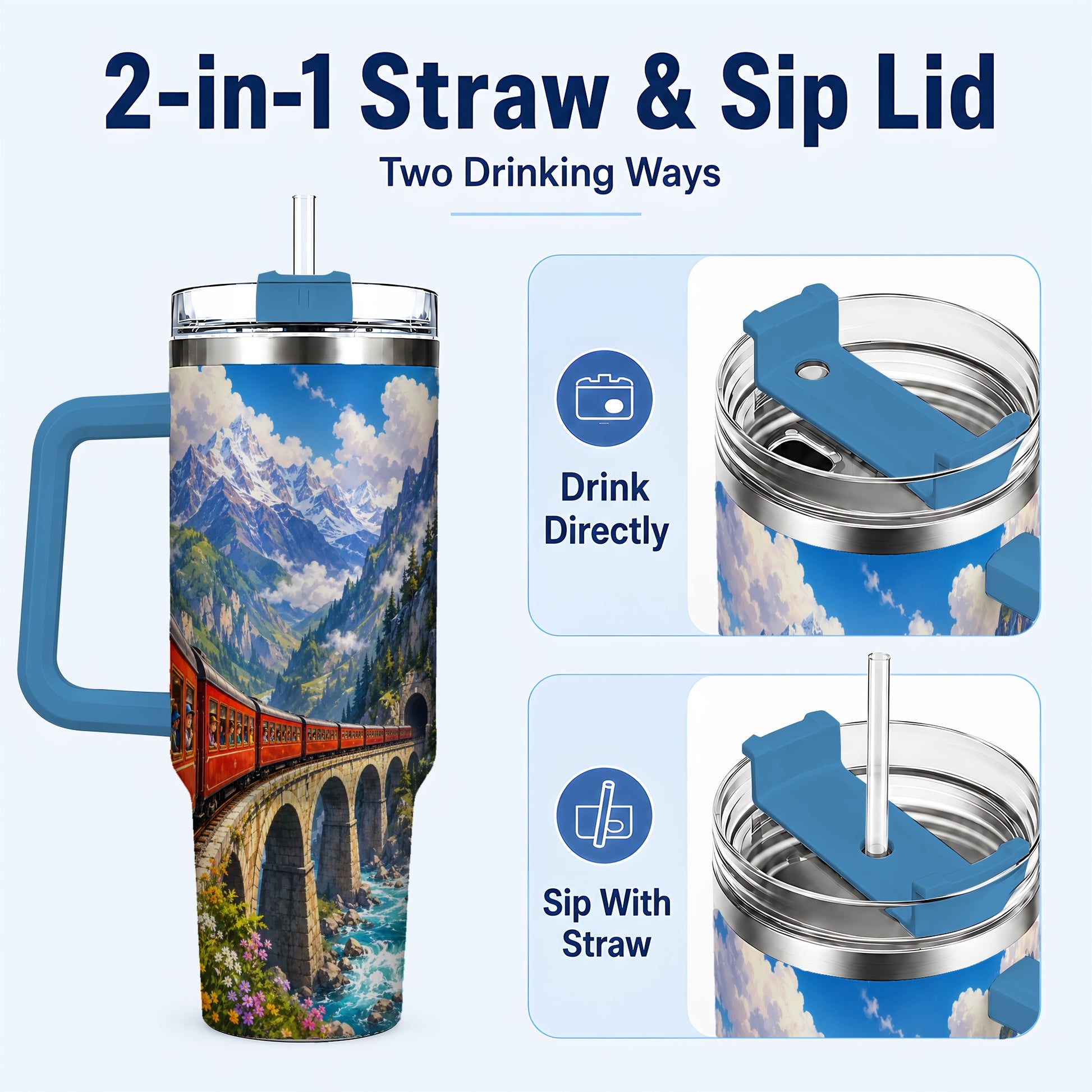 #pl[40oz|Blue] Mountain Train 40oz Tumbler with Handle, Alpine Railway Adventure