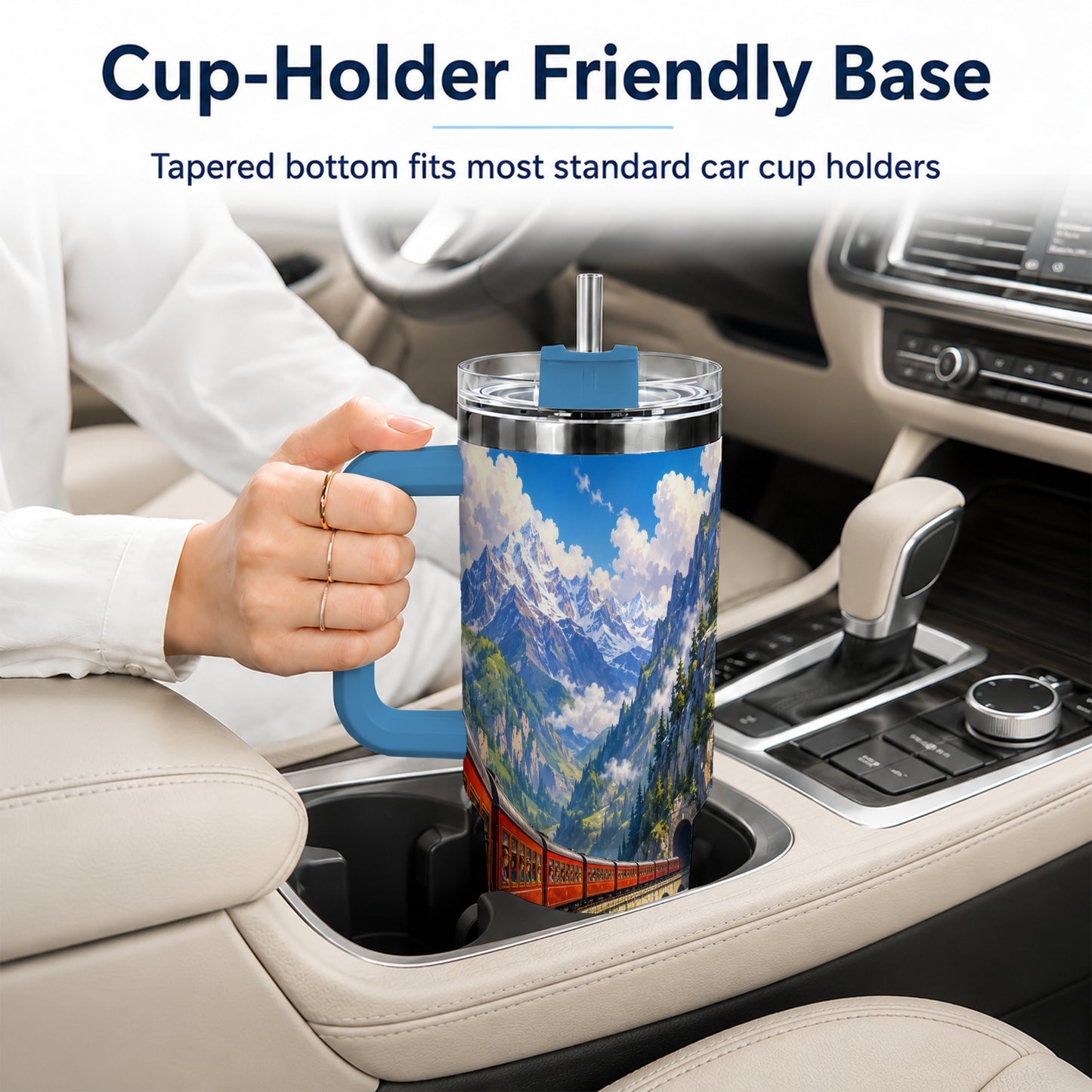 #pl[40oz|Blue] Mountain Train 40oz Tumbler with Handle, Alpine Railway Adventure