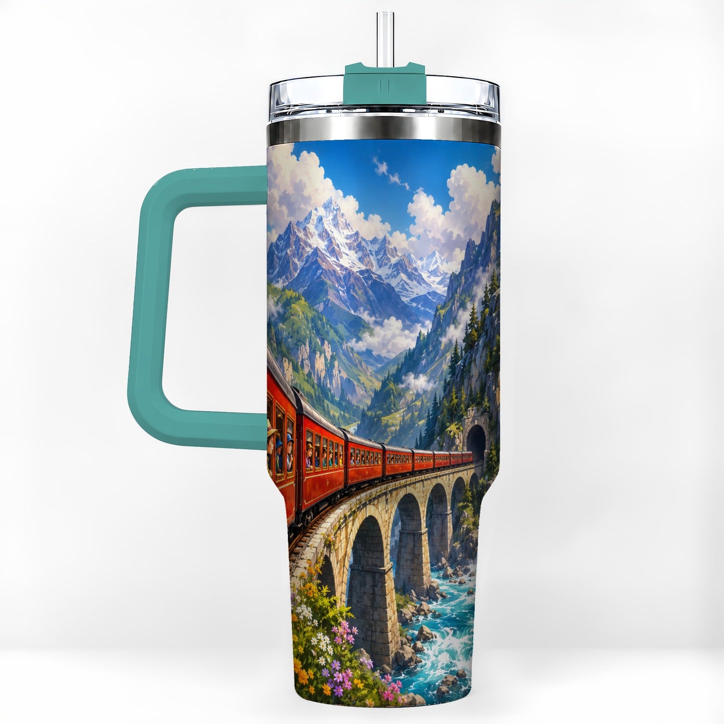 #pl[40oz|Green] Mountain Train 40oz Tumbler with Handle, Alpine Railway Adventure