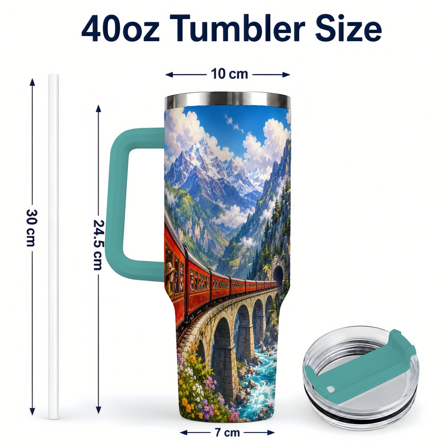 #pl[40oz|Green] Mountain Train 40oz Tumbler with Handle, Alpine Railway Adventure