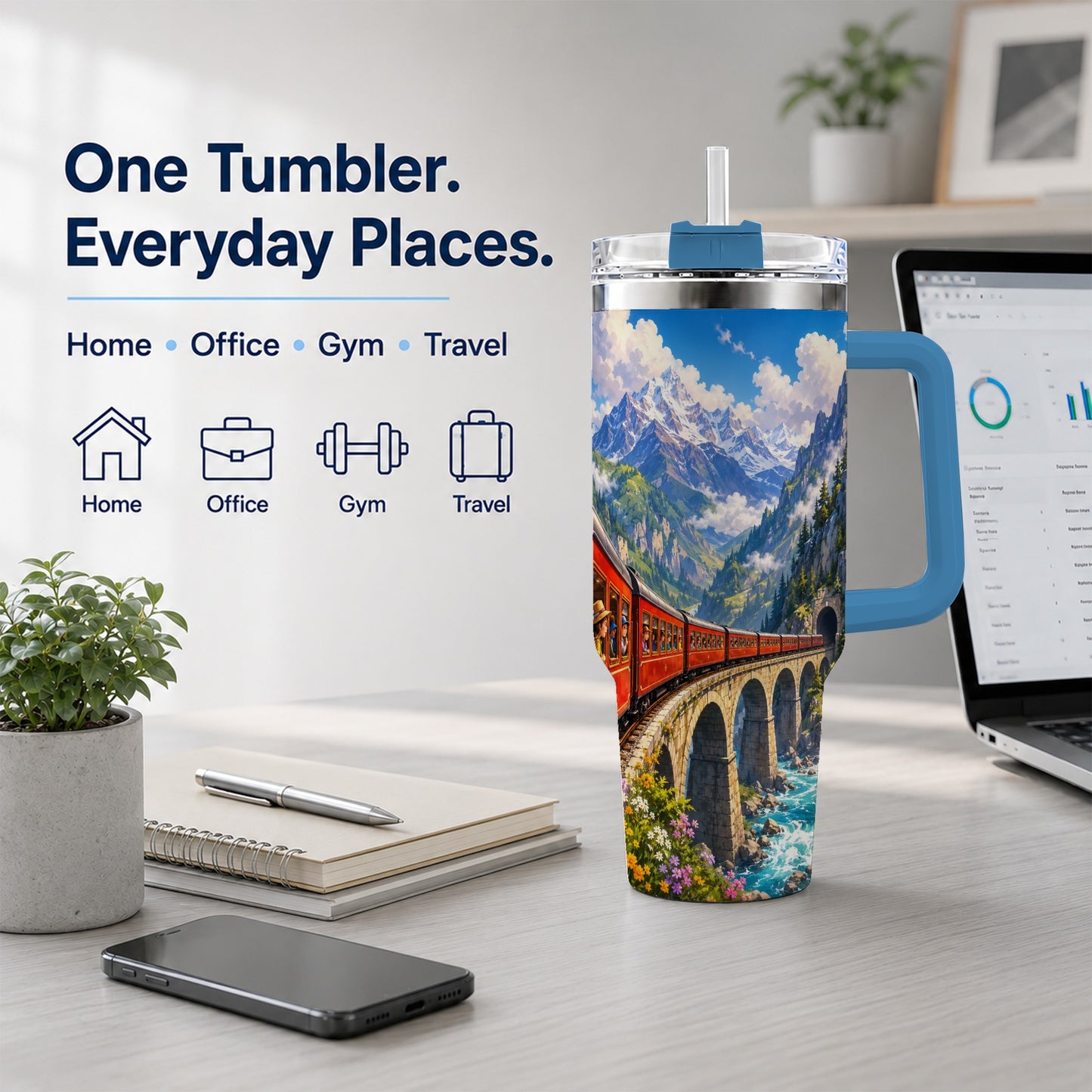 #pl[40oz|Blue] Mountain Train 40oz Tumbler with Handle, Alpine Railway Adventure