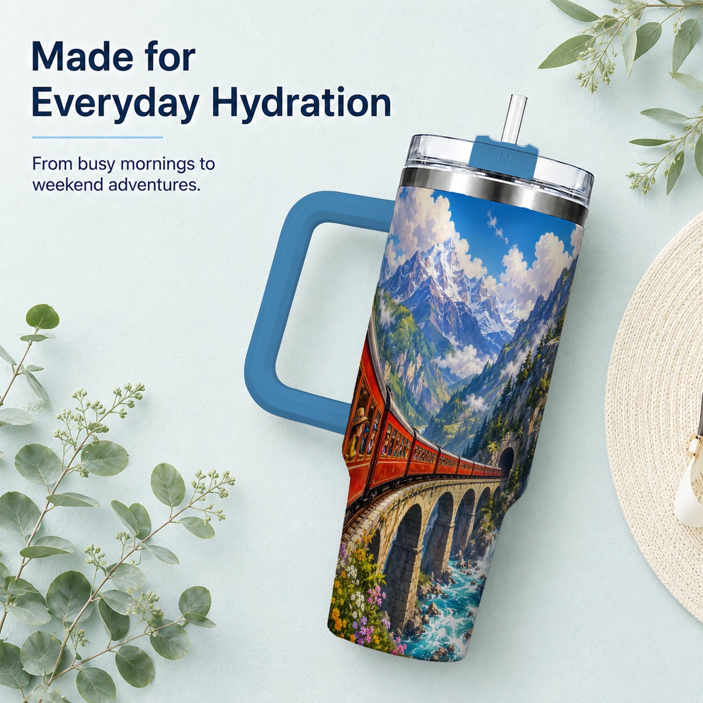#pl[40oz|Blue] Mountain Train 40oz Tumbler with Handle, Alpine Railway Adventure