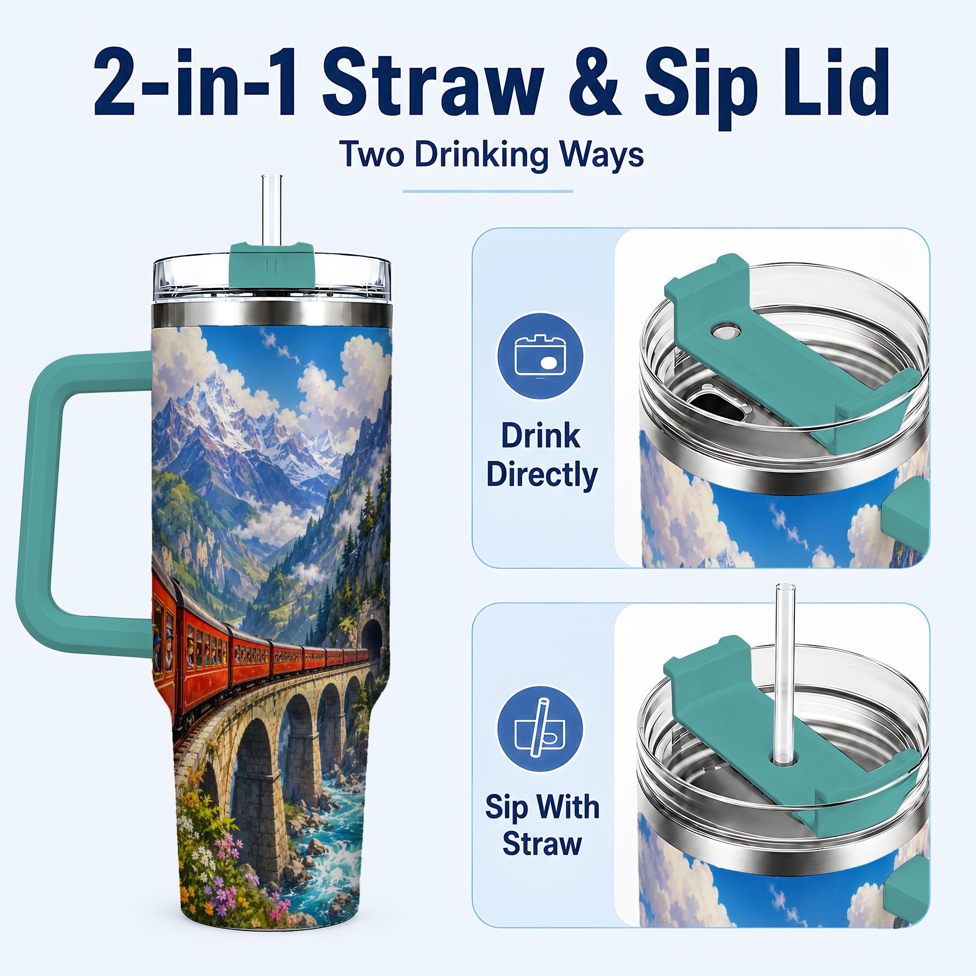 #pl[40oz|Green] Mountain Train 40oz Tumbler with Handle, Alpine Railway Adventure