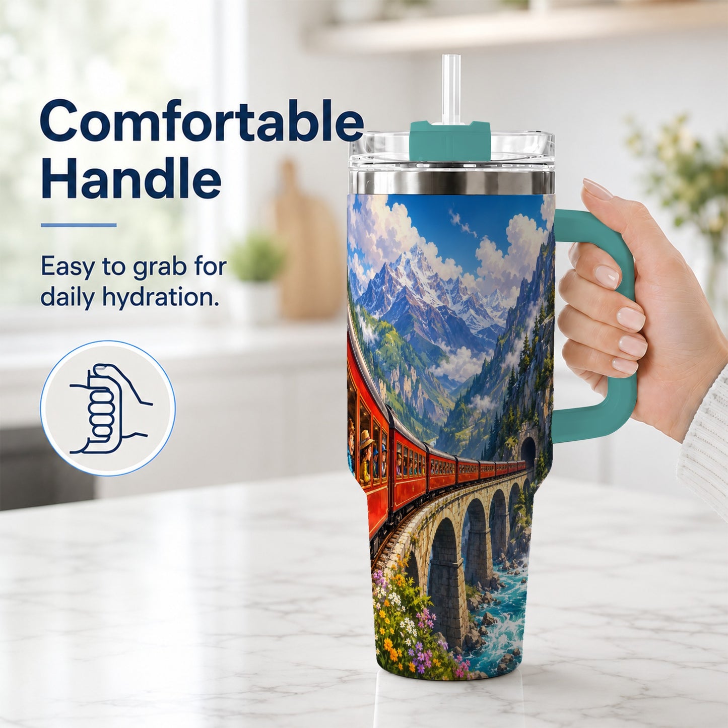 #pl[40oz|Green] Mountain Train 40oz Tumbler with Handle, Alpine Railway Adventure