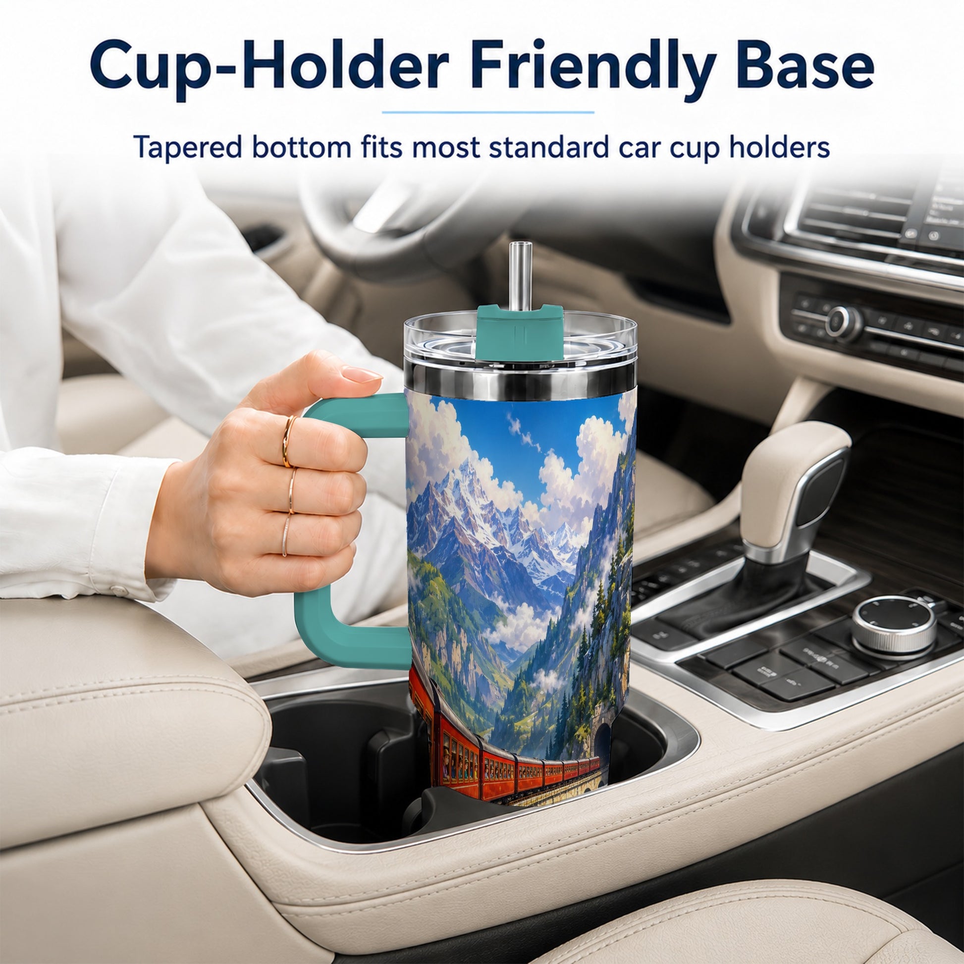#pl[40oz|Green] Mountain Train 40oz Tumbler with Handle, Alpine Railway Adventure