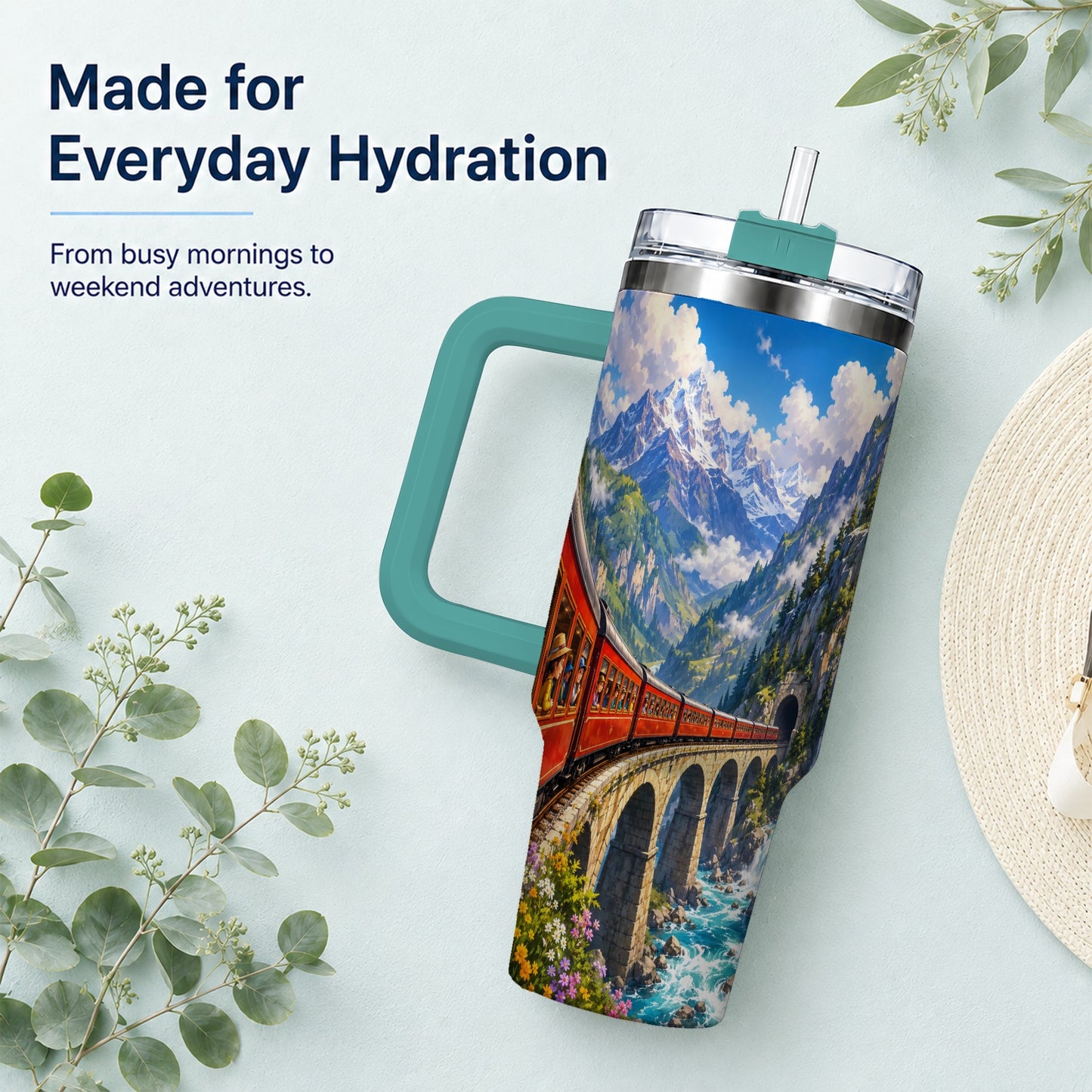 #pl[40oz|Green] Mountain Train 40oz Tumbler with Handle, Alpine Railway Adventure