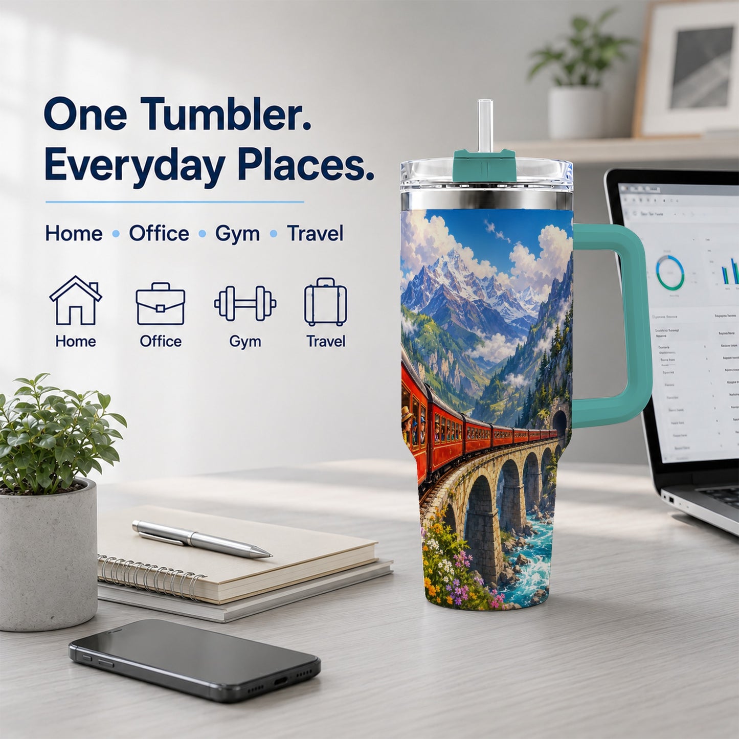 #pl[40oz|Green] Mountain Train 40oz Tumbler with Handle, Alpine Railway Adventure