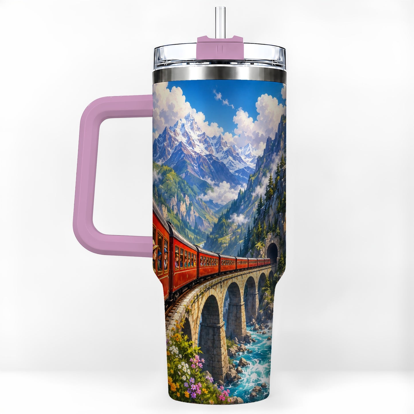 #pl[40oz|Pink] Mountain Train 40oz Tumbler with Handle, Alpine Railway Adventure