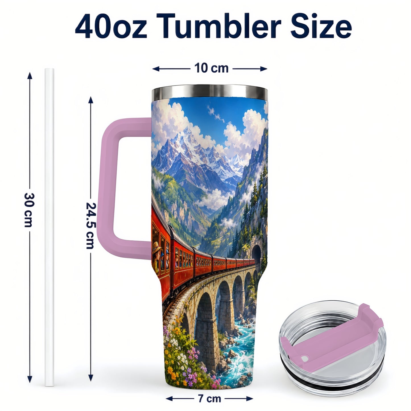 #pl[40oz|Pink] Mountain Train 40oz Tumbler with Handle, Alpine Railway Adventure