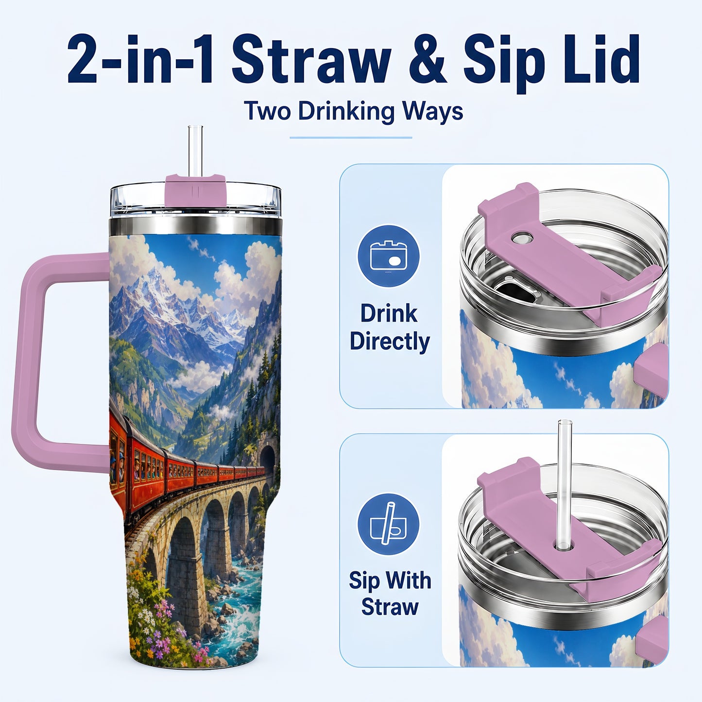 #pl[40oz|Pink] Mountain Train 40oz Tumbler with Handle, Alpine Railway Adventure