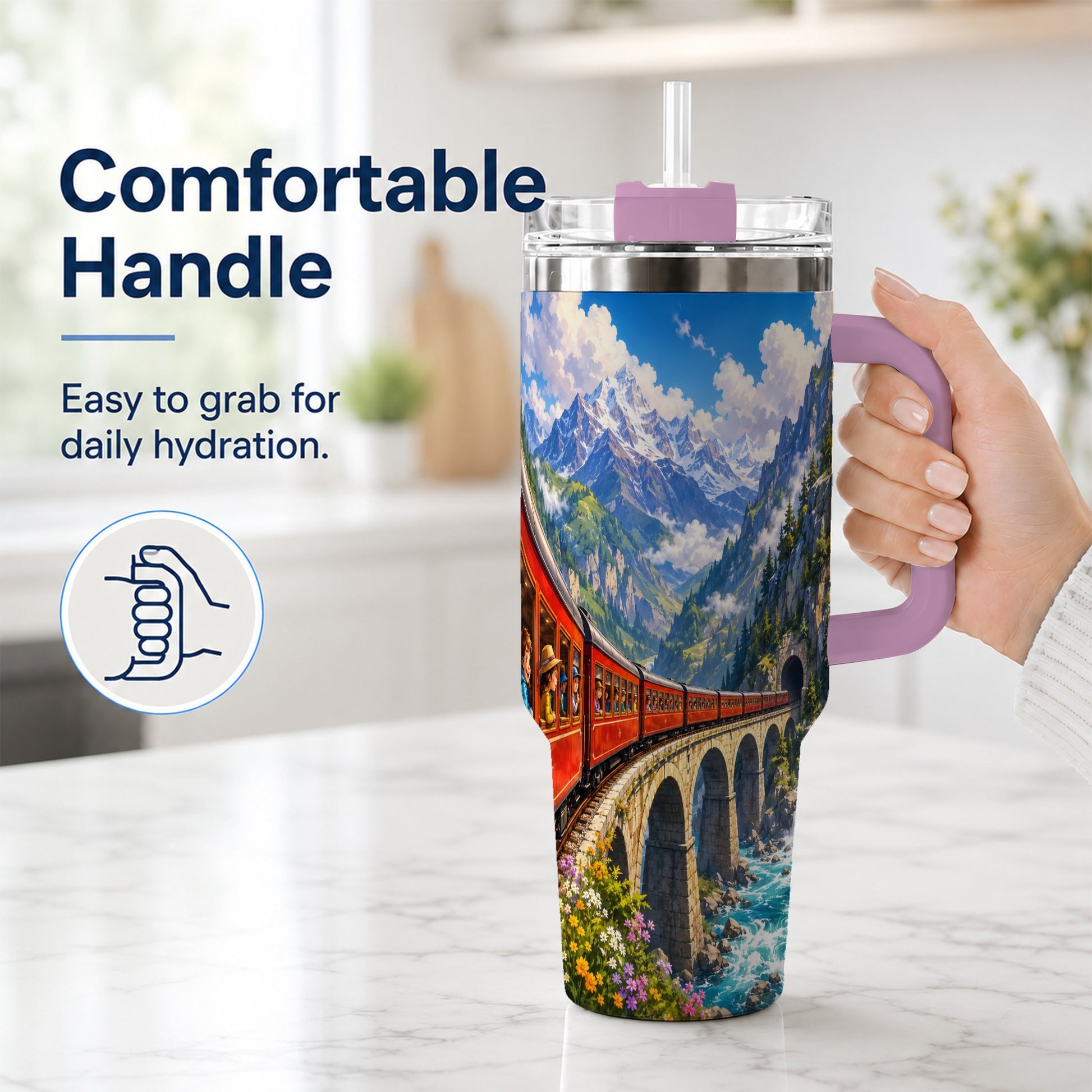 #pl[40oz|Pink] Mountain Train 40oz Tumbler with Handle, Alpine Railway Adventure
