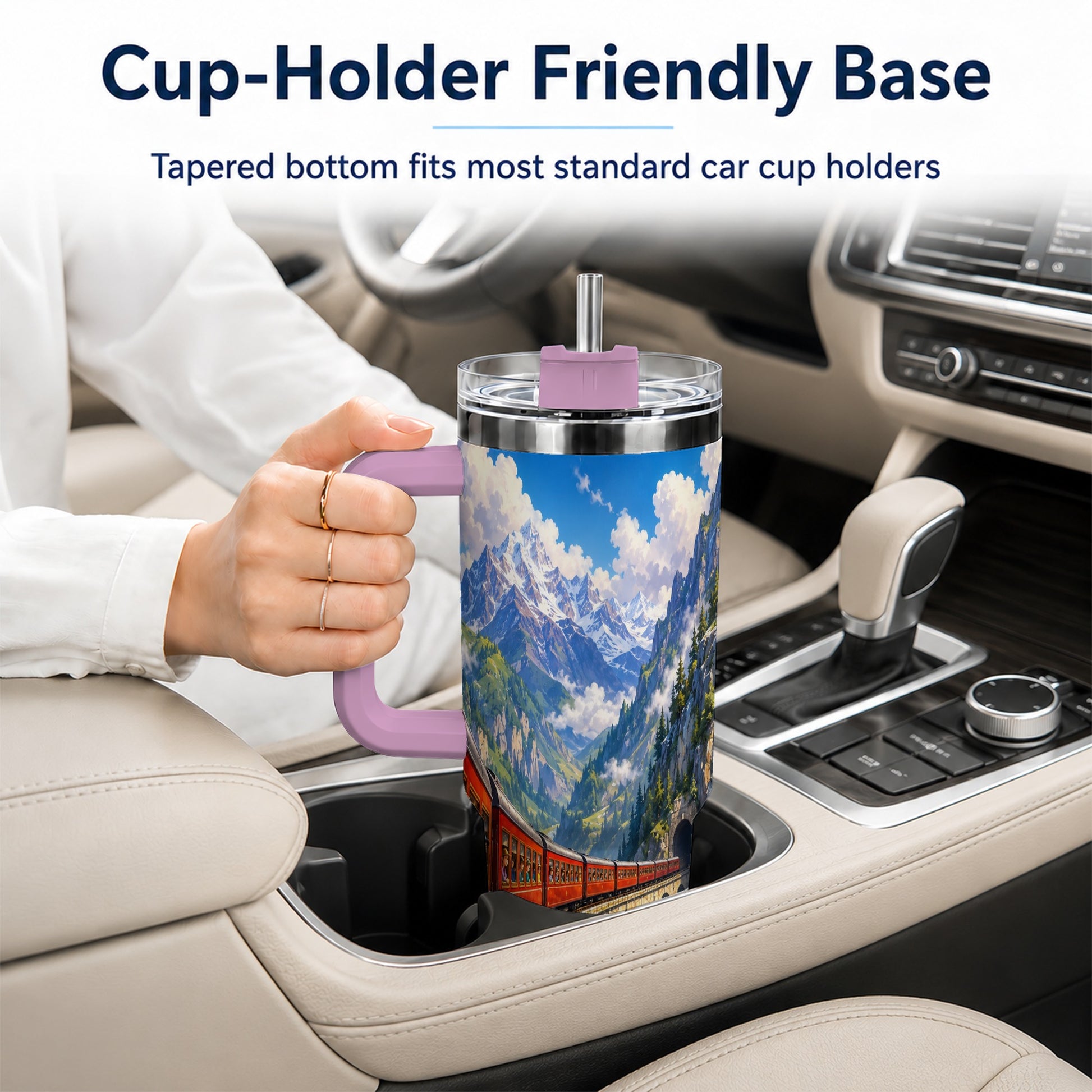 #pl[40oz|Pink] Mountain Train 40oz Tumbler with Handle, Alpine Railway Adventure