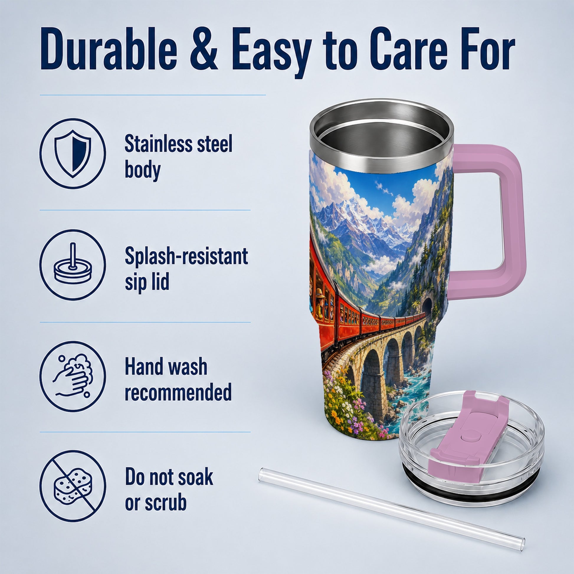 #pl[40oz|Pink] Mountain Train 40oz Tumbler with Handle, Alpine Railway Adventure