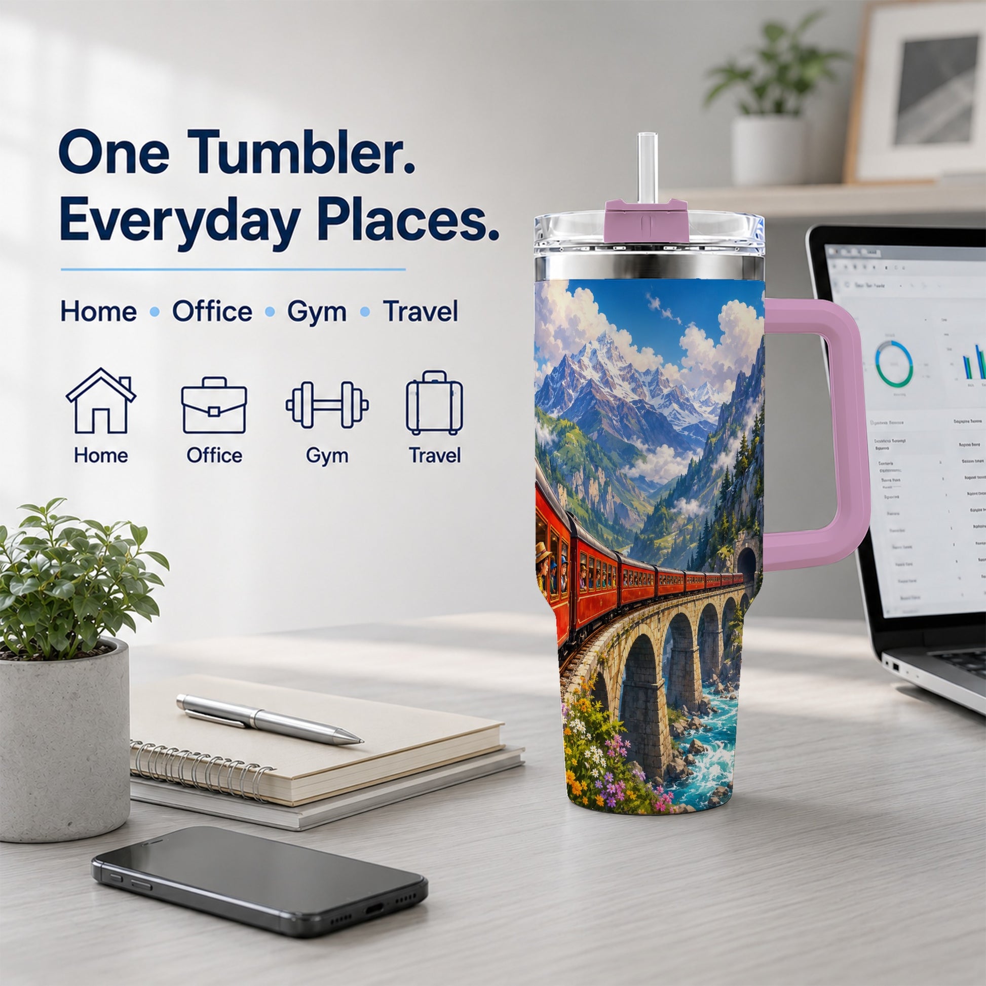 #pl[40oz|Pink] Mountain Train 40oz Tumbler with Handle, Alpine Railway Adventure