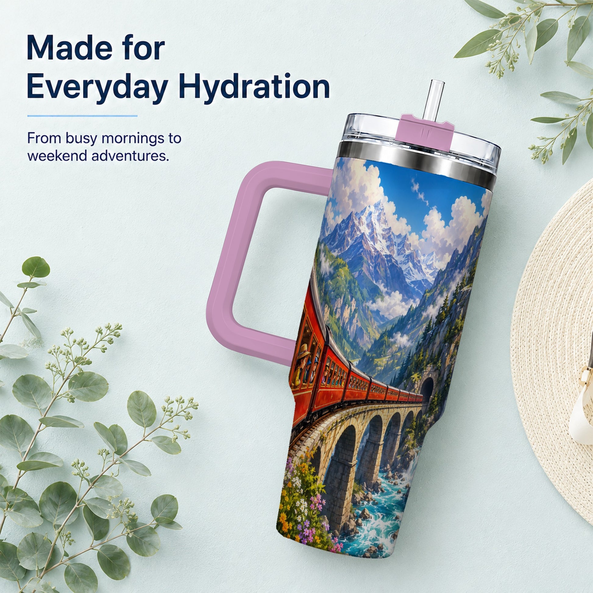 #pl[40oz|Pink] Mountain Train 40oz Tumbler with Handle, Alpine Railway Adventure
