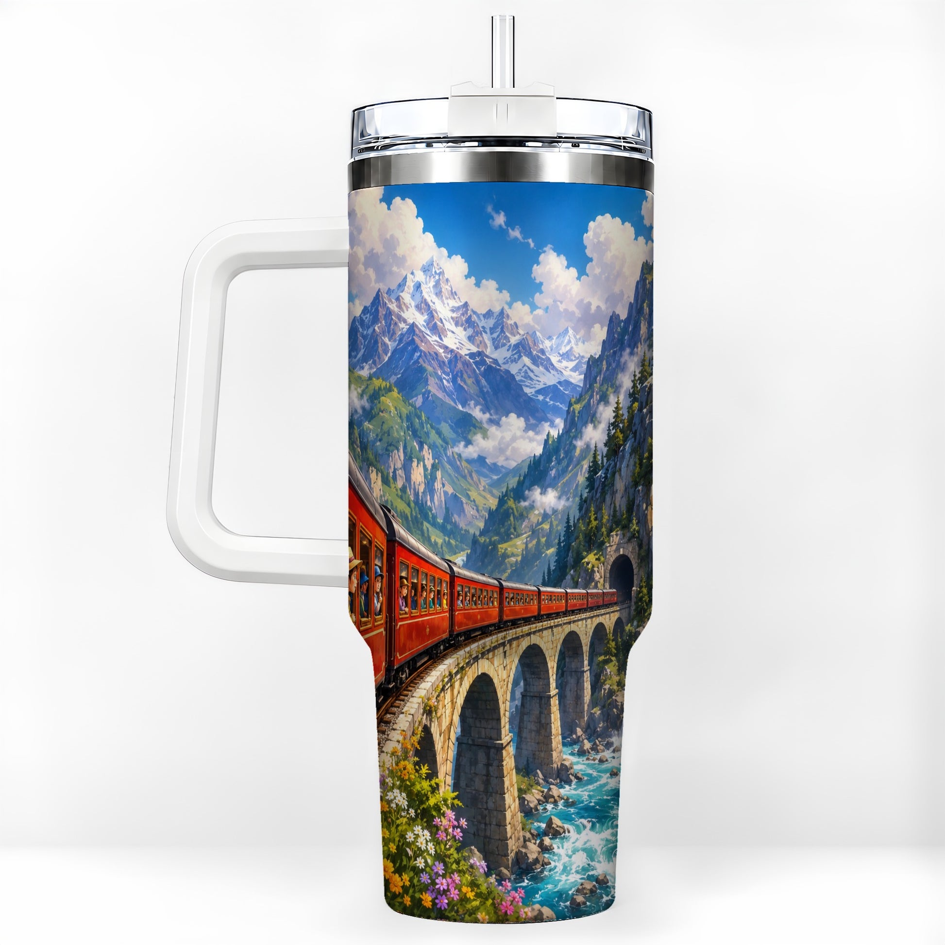 Mountain Train 40oz Tumbler with Handle, Alpine Railway Adventure