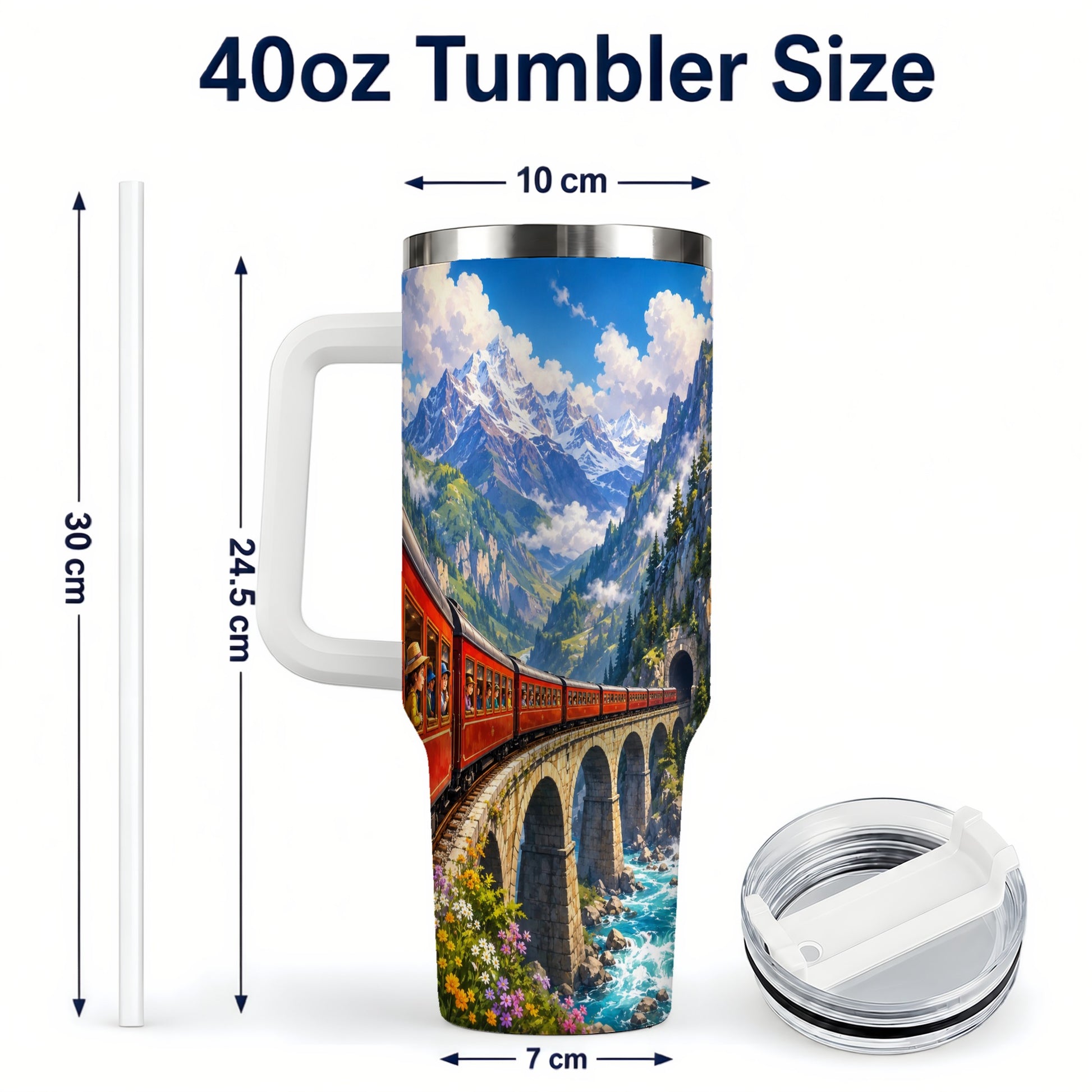 #pl[40oz|White] Mountain Train 40oz Tumbler with Handle, Alpine Railway Adventure