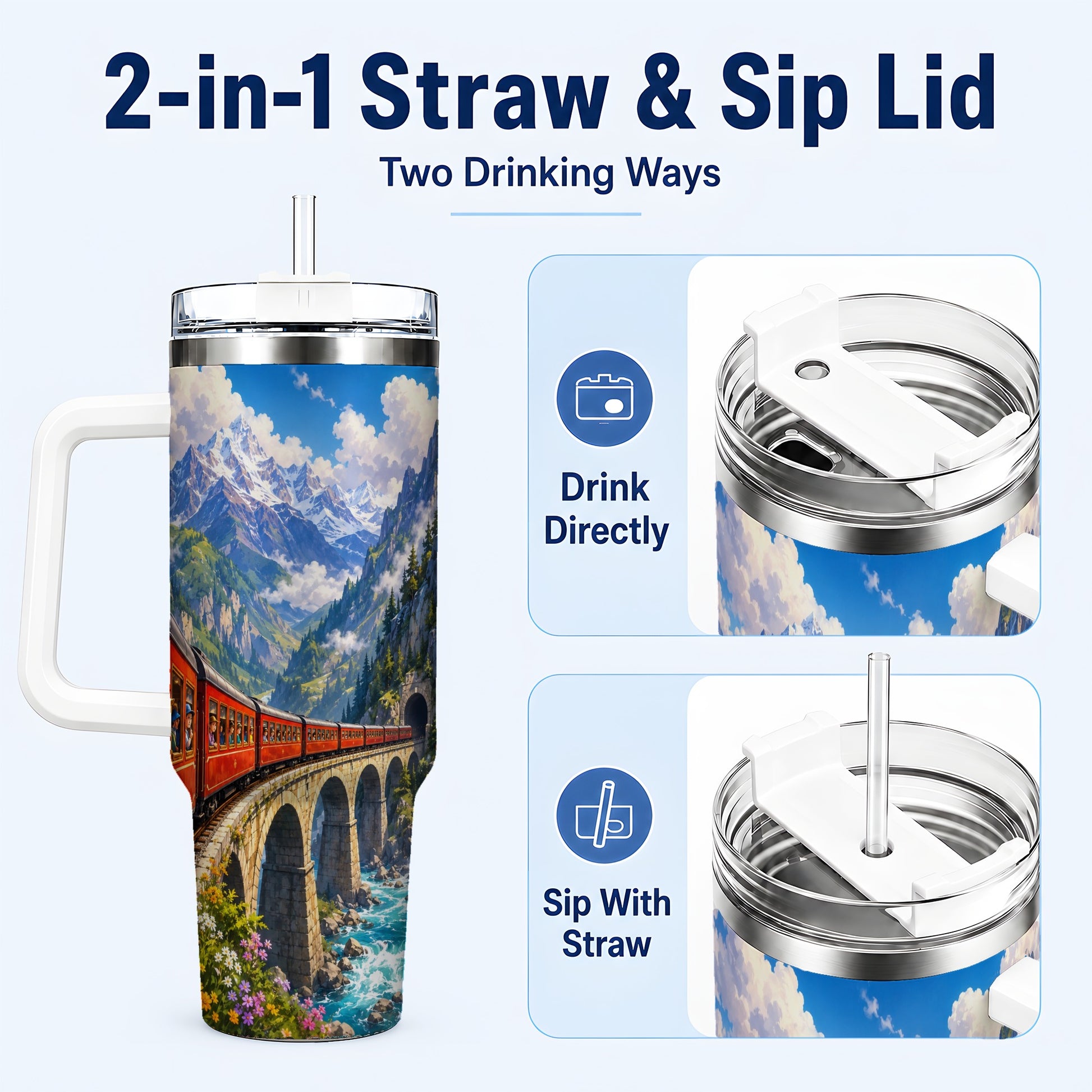 #pl[40oz|White] Mountain Train 40oz Tumbler with Handle, Alpine Railway Adventure