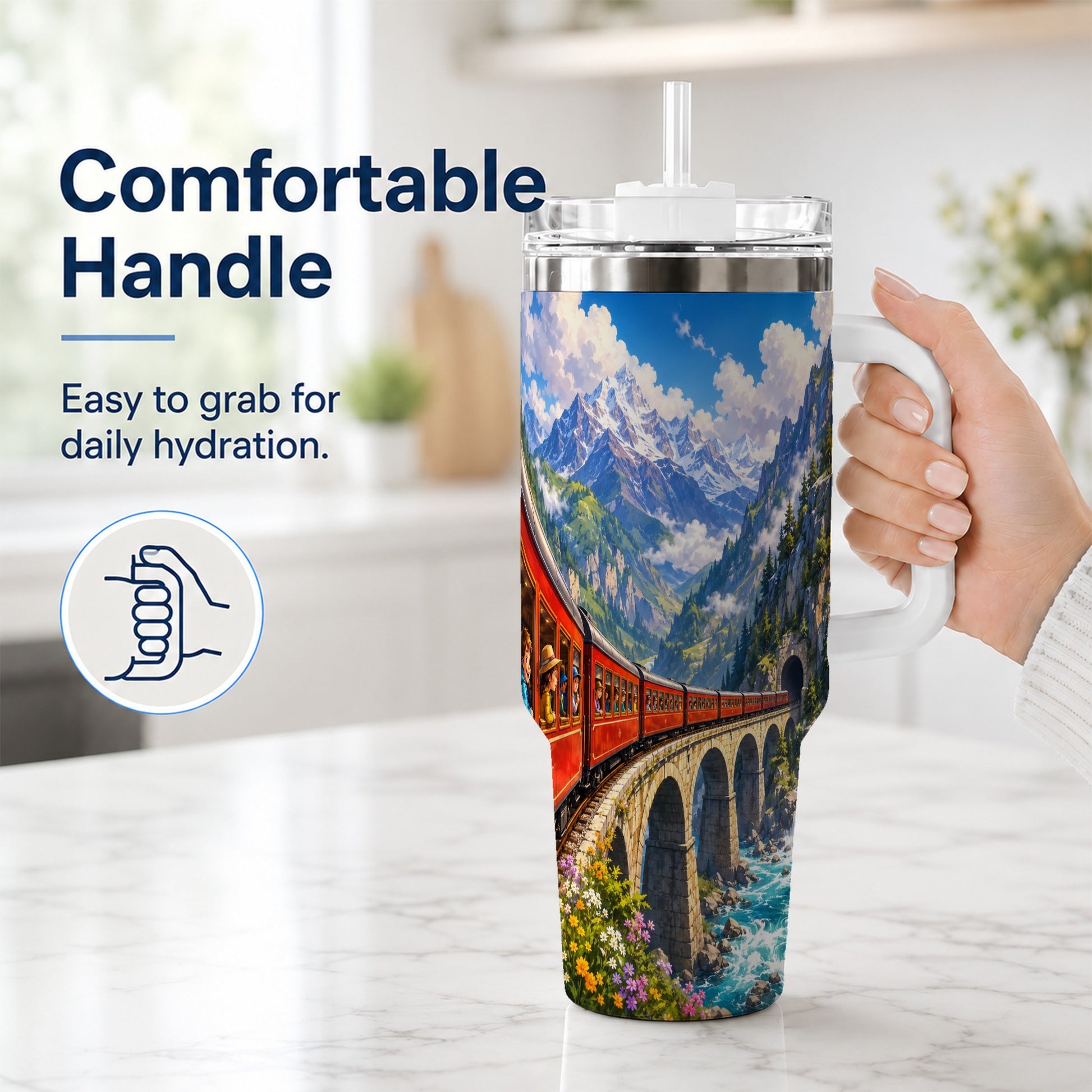 #pl[40oz|White] Mountain Train 40oz Tumbler with Handle, Alpine Railway Adventure