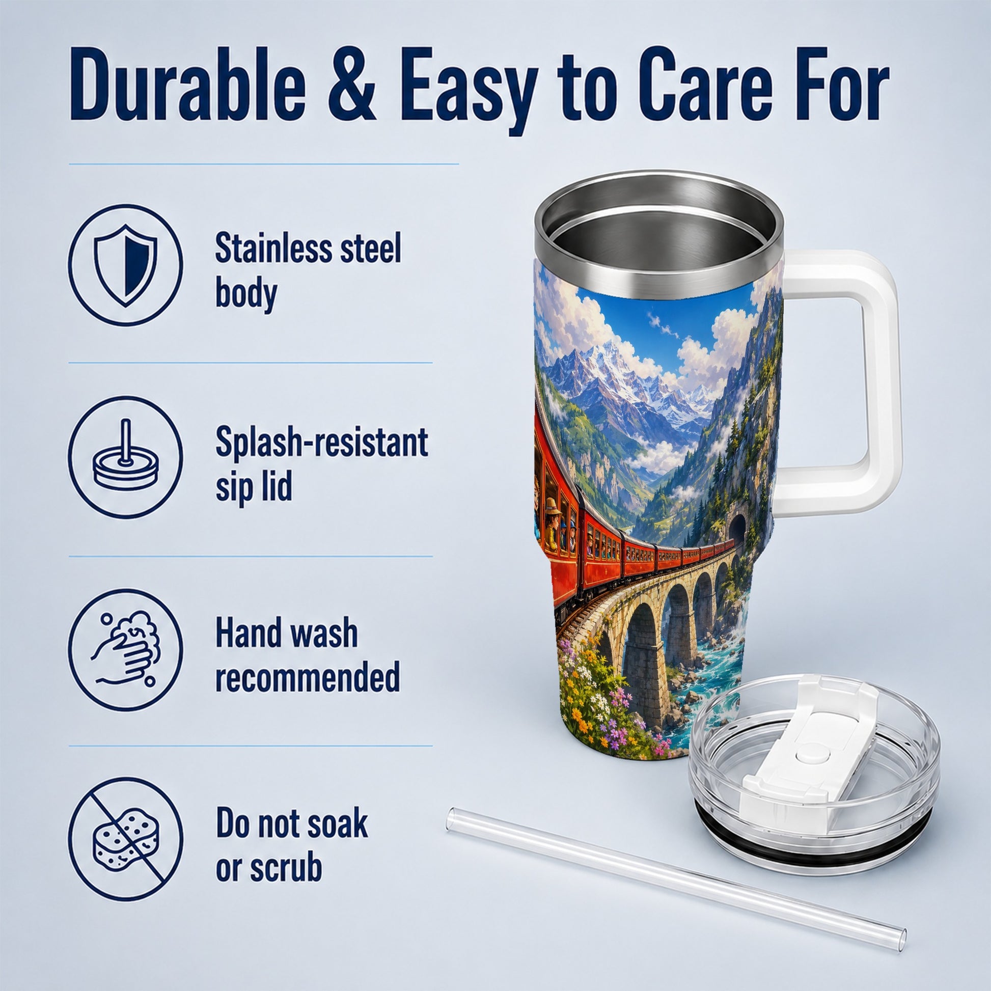 #pl[40oz|White] Mountain Train 40oz Tumbler with Handle, Alpine Railway Adventure