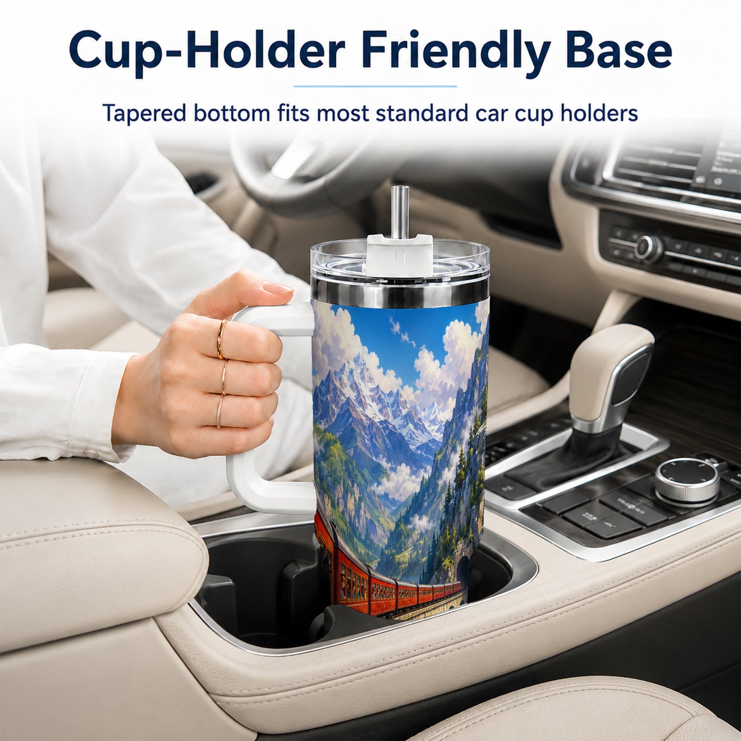 #pl[40oz|White] Mountain Train 40oz Tumbler with Handle, Alpine Railway Adventure