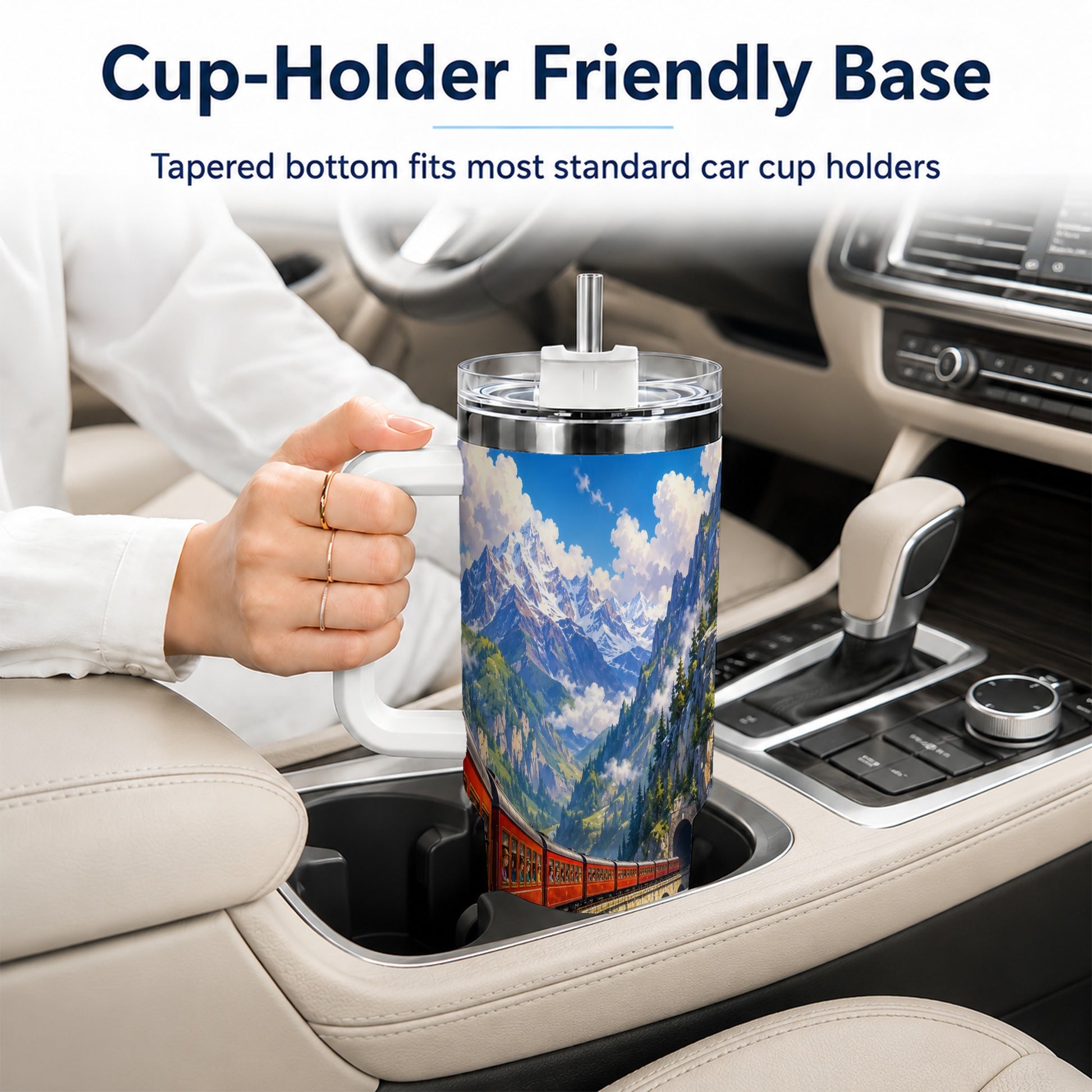 #pl[40oz|White] Mountain Train 40oz Tumbler with Handle, Alpine Railway Adventure