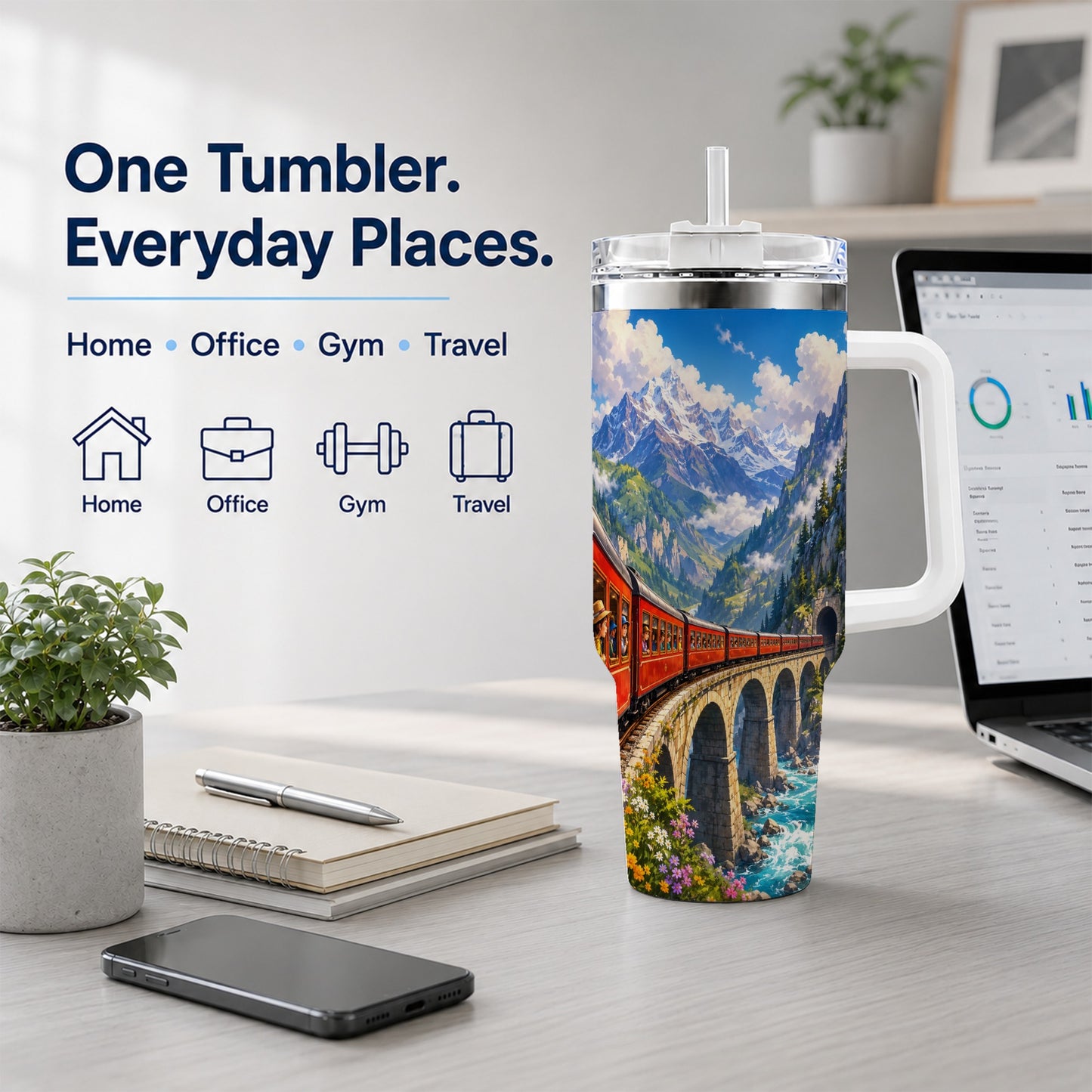 #pl[40oz|White] Mountain Train 40oz Tumbler with Handle, Alpine Railway Adventure