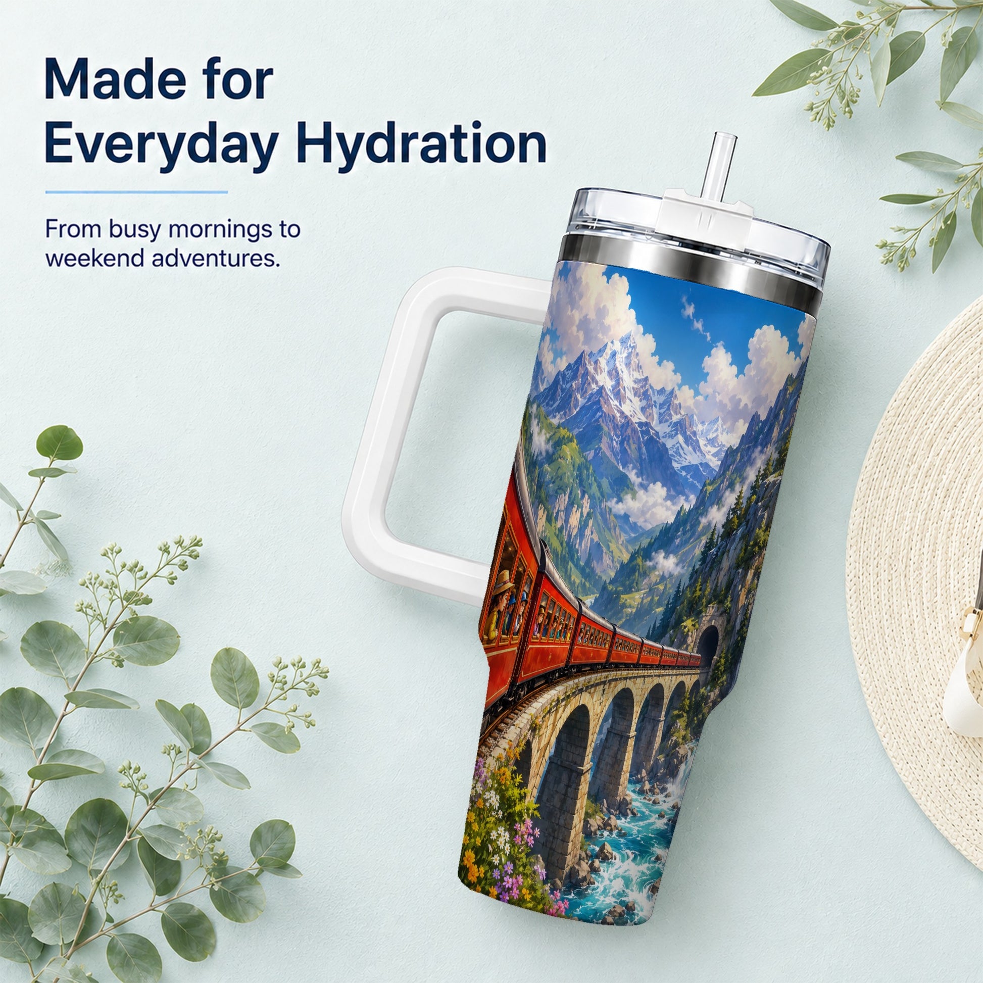 #pl[40oz|White] Mountain Train 40oz Tumbler with Handle, Alpine Railway Adventure