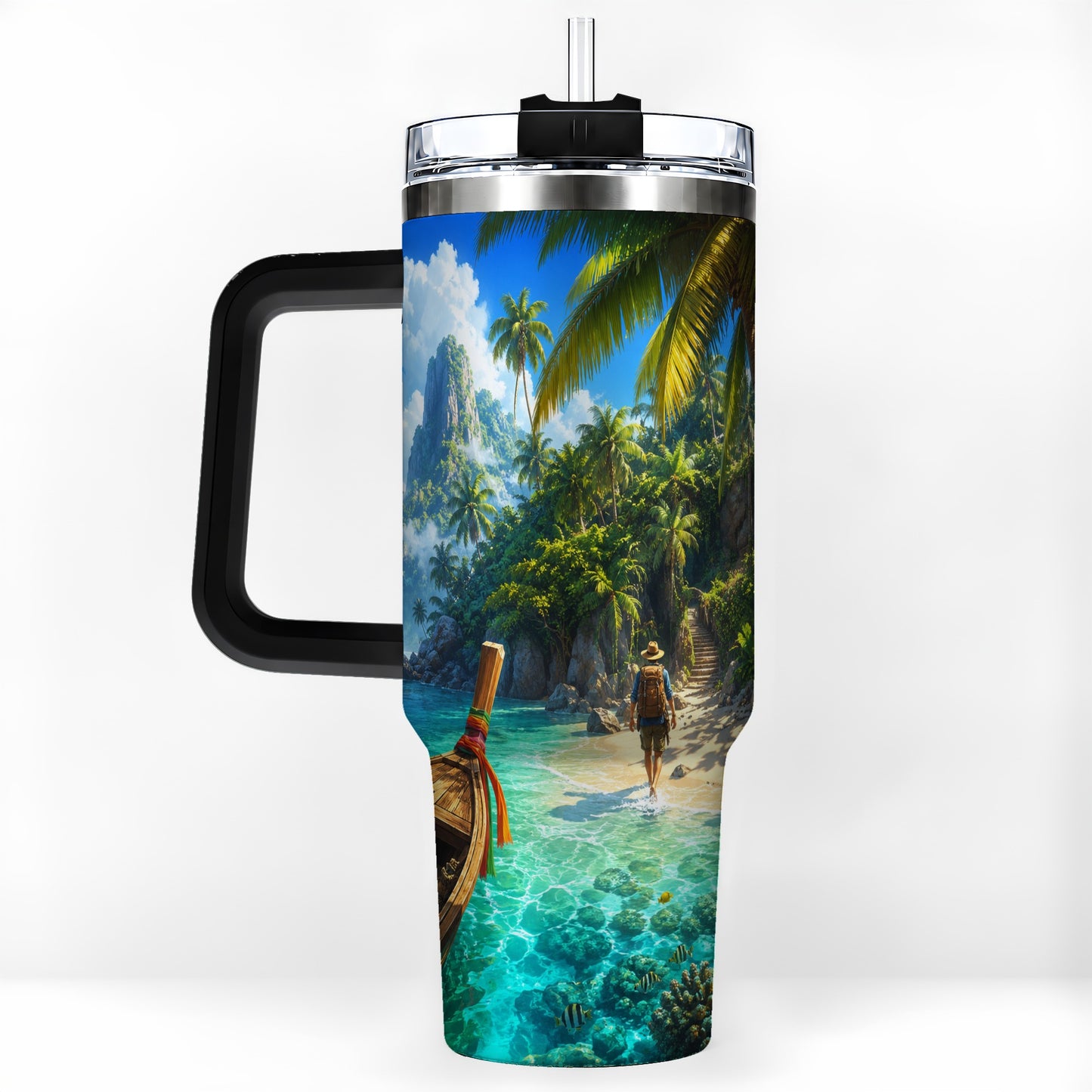 #pl[40oz|Black] Tropical Island 40oz Tumbler with Handle, Lagoon Beach Adventure