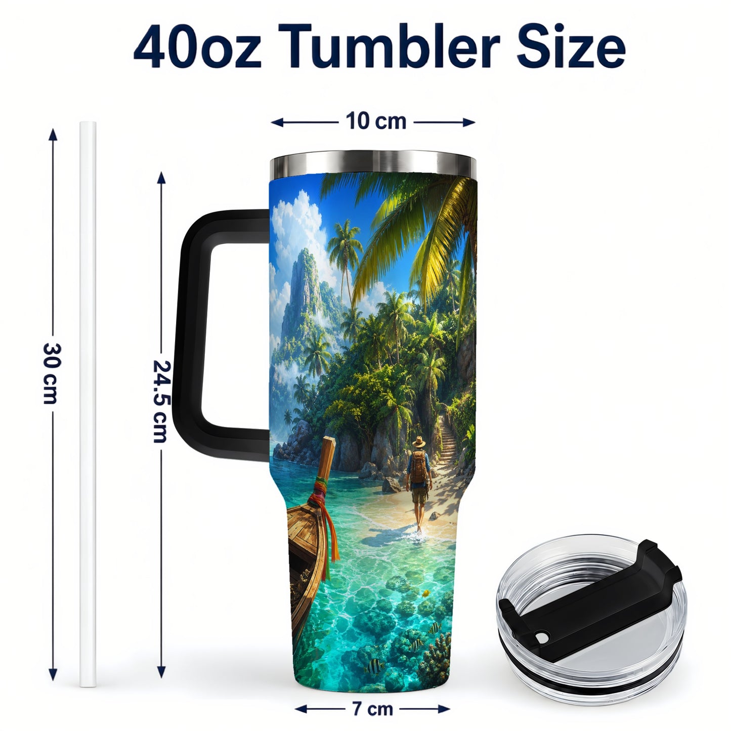 #pl[40oz|Black] Tropical Island 40oz Tumbler with Handle, Lagoon Beach Adventure