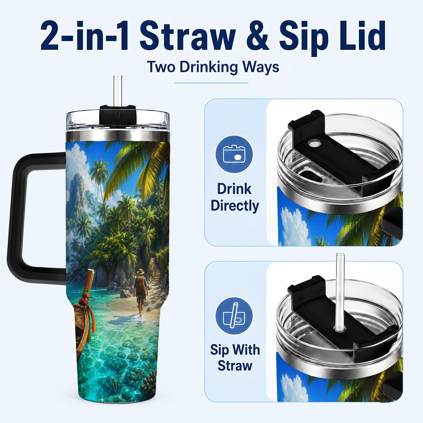 #pl[40oz|Black] Tropical Island 40oz Tumbler with Handle, Lagoon Beach Adventure