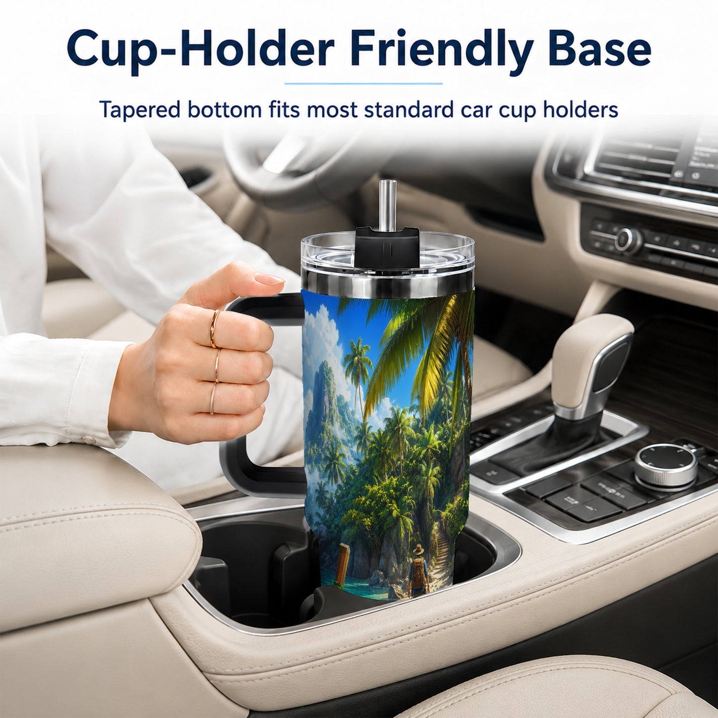 #pl[40oz|Black] Tropical Island 40oz Tumbler with Handle, Lagoon Beach Adventure