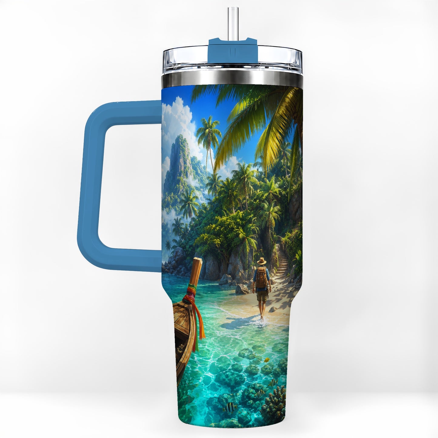#pl[40oz|Blue] Tropical Island 40oz Tumbler with Handle, Lagoon Beach Adventure