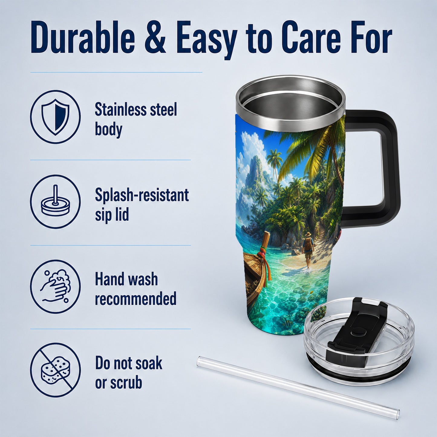 #pl[40oz|Black] Tropical Island 40oz Tumbler with Handle, Lagoon Beach Adventure