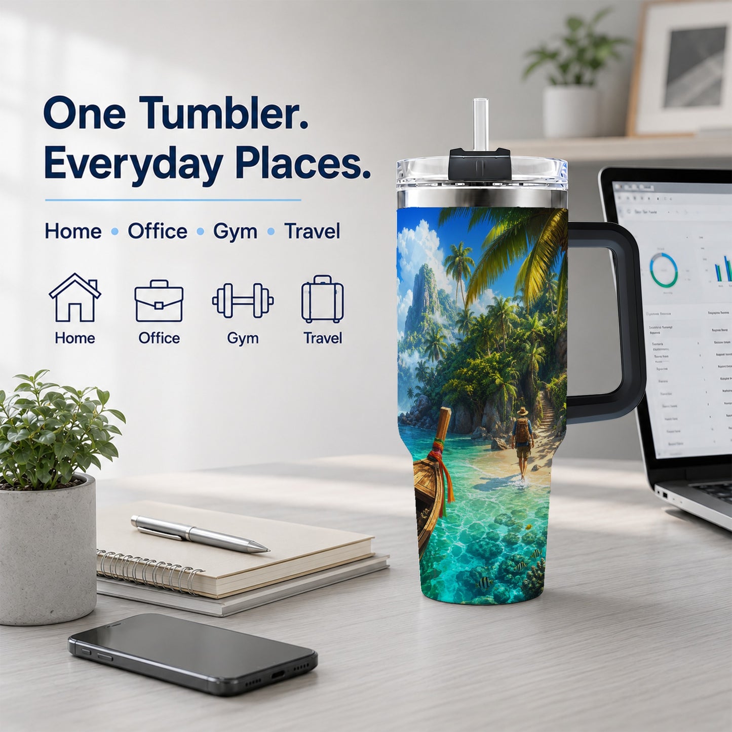 #pl[40oz|Black] Tropical Island 40oz Tumbler with Handle, Lagoon Beach Adventure