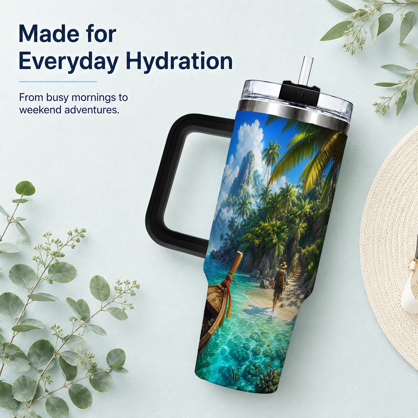 #pl[40oz|Black] Tropical Island 40oz Tumbler with Handle, Lagoon Beach Adventure