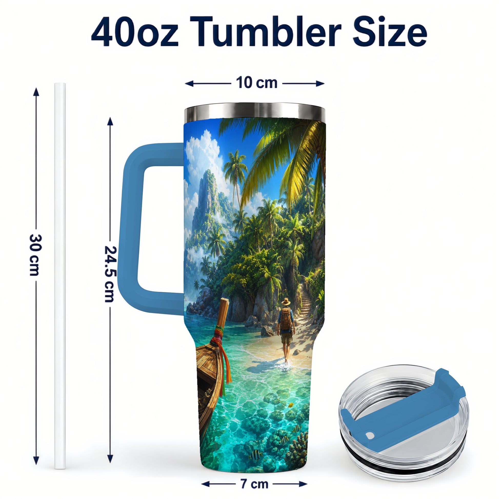 #pl[40oz|Blue] Tropical Island 40oz Tumbler with Handle, Lagoon Beach Adventure