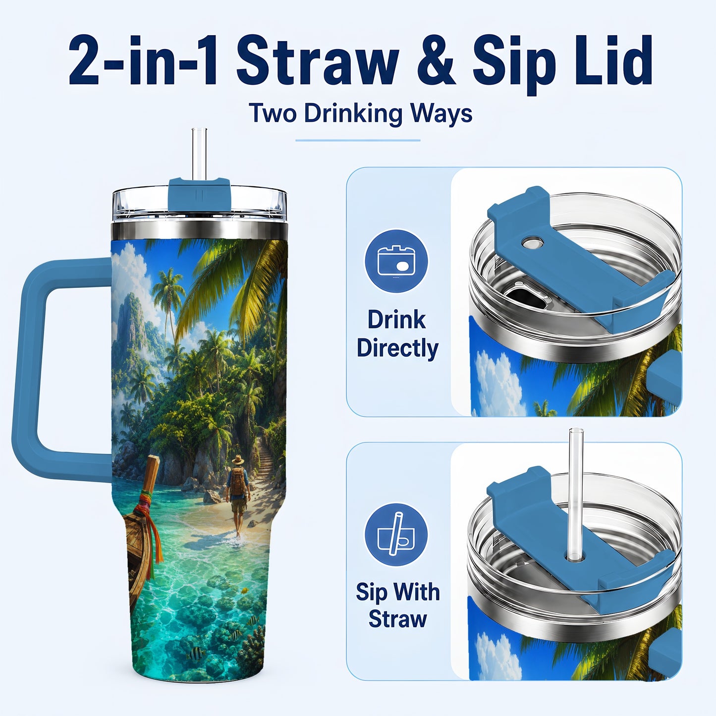 #pl[40oz|Blue] Tropical Island 40oz Tumbler with Handle, Lagoon Beach Adventure