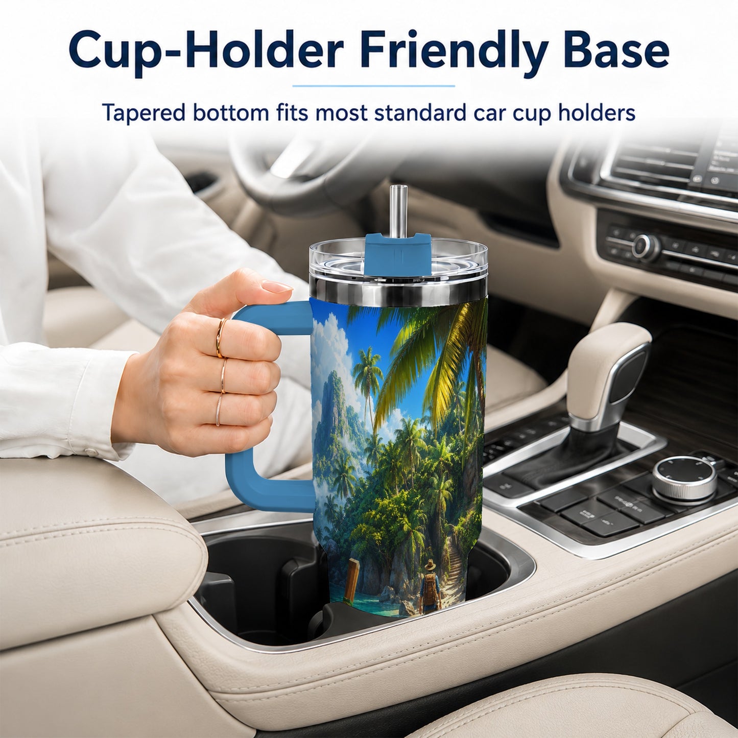 #pl[40oz|Blue] Tropical Island 40oz Tumbler with Handle, Lagoon Beach Adventure