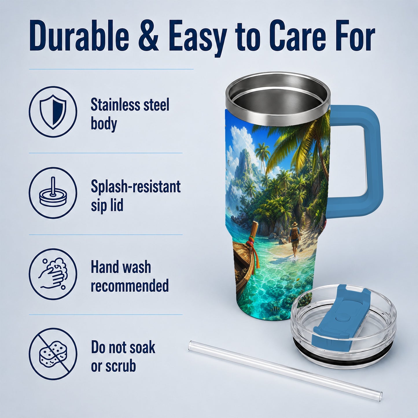 #pl[40oz|Blue] Tropical Island 40oz Tumbler with Handle, Lagoon Beach Adventure