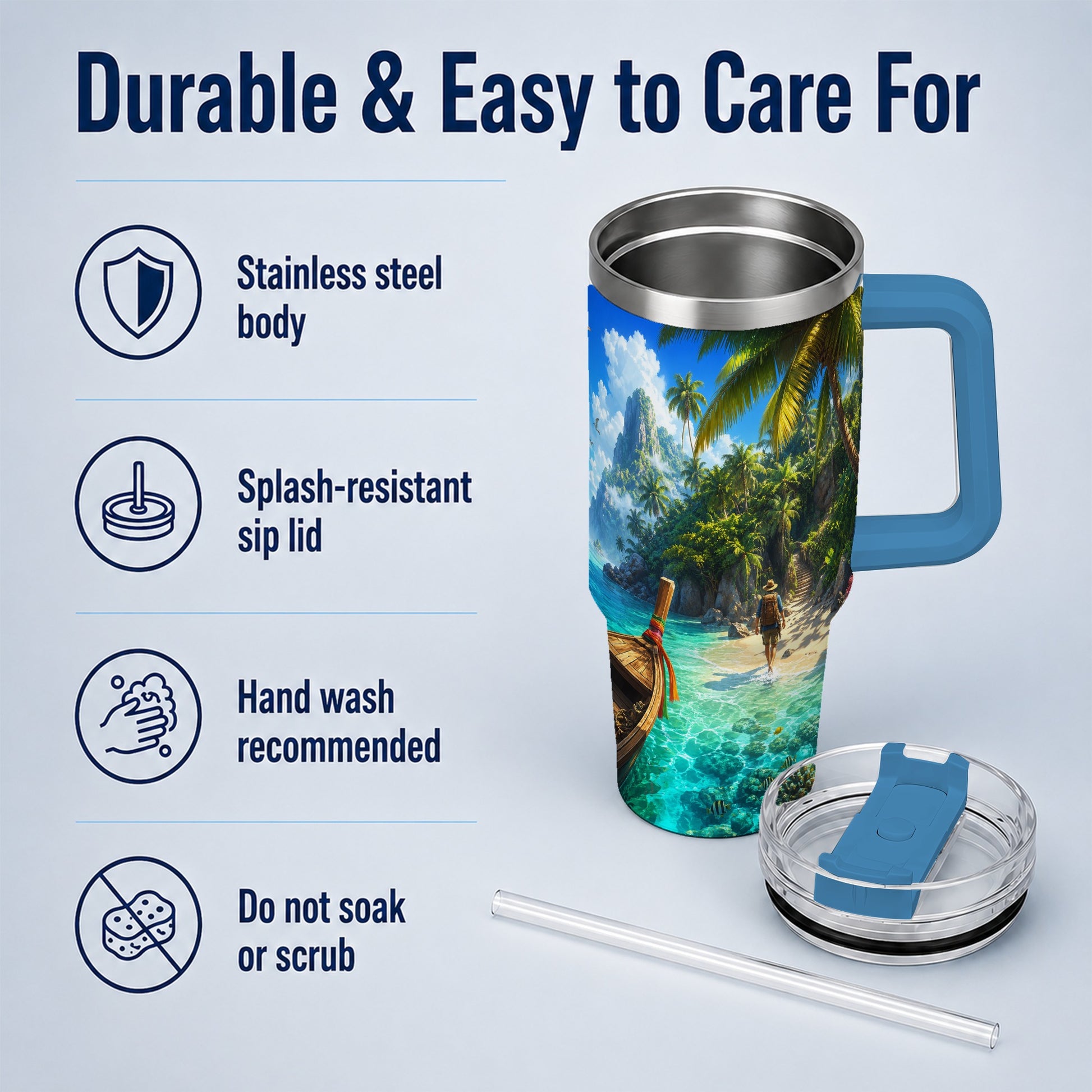 #pl[40oz|Blue] Tropical Island 40oz Tumbler with Handle, Lagoon Beach Adventure