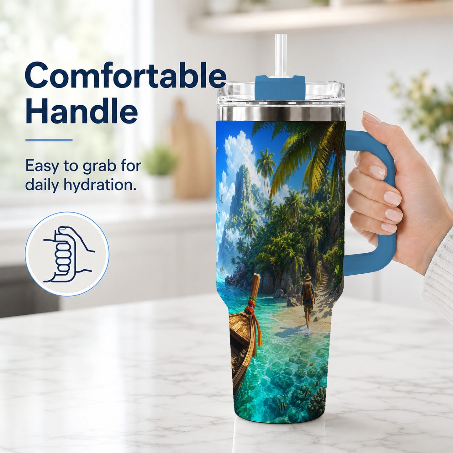 #pl[40oz|Blue] Tropical Island 40oz Tumbler with Handle, Lagoon Beach Adventure