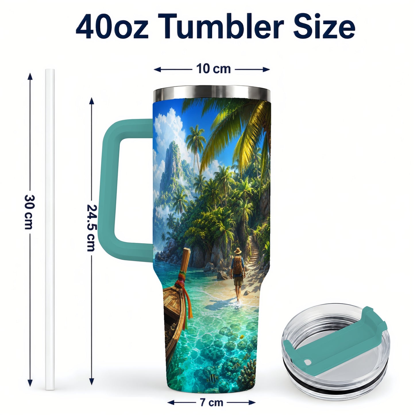 #pl[40oz|Green] Tropical Island 40oz Tumbler with Handle, Lagoon Beach Adventure