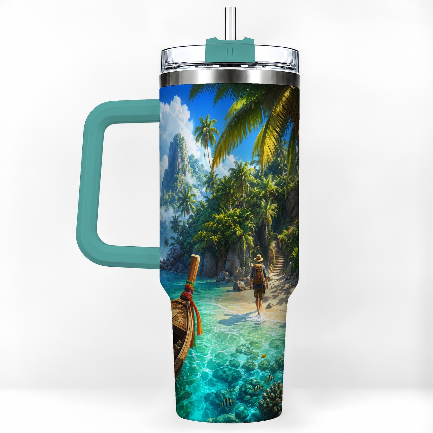 #pl[40oz|Green] Tropical Island 40oz Tumbler with Handle, Lagoon Beach Adventure